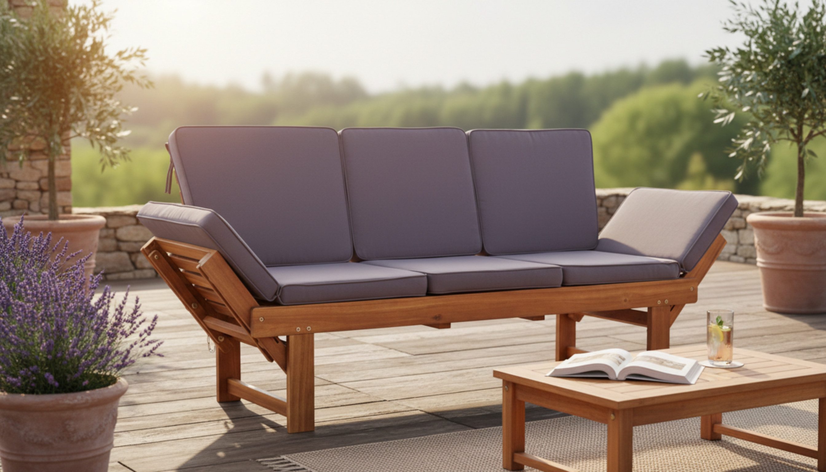 Wohnando Sitzbank Gartenbank "Monte" 202x 67x87cm (BxTxH), massives Akazienholz, FSC (1-St), braun, graue Sitzauflage, ausklappbarer Tisch, umklappbare Seitente – Bild 5 von 5