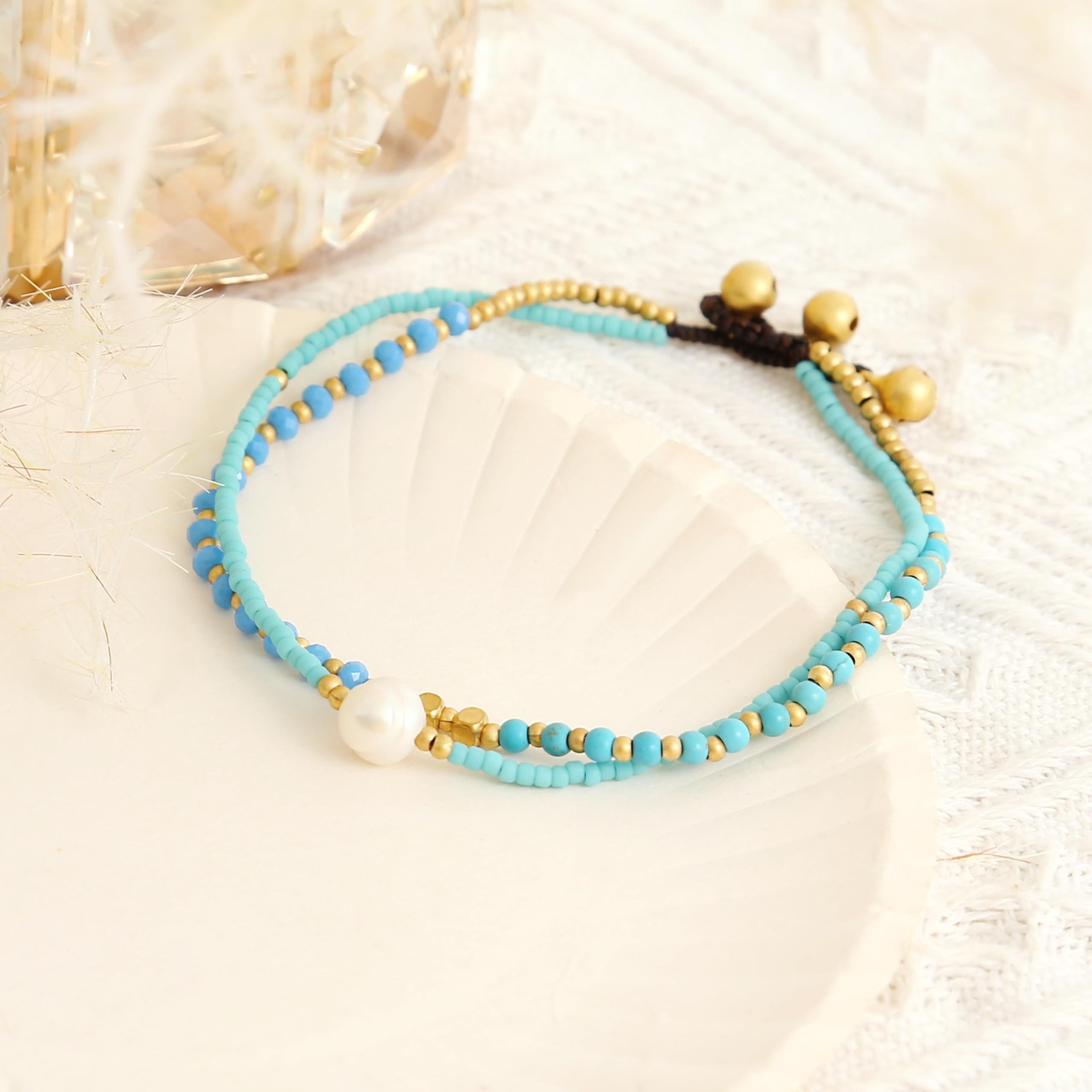 Made by Nami Fußketten Set Surfer Fußkettchen mit Perlen Damen & Mädchen Boho Fußkette Türkis, Hippie Fußkettchen Festival Schmuck