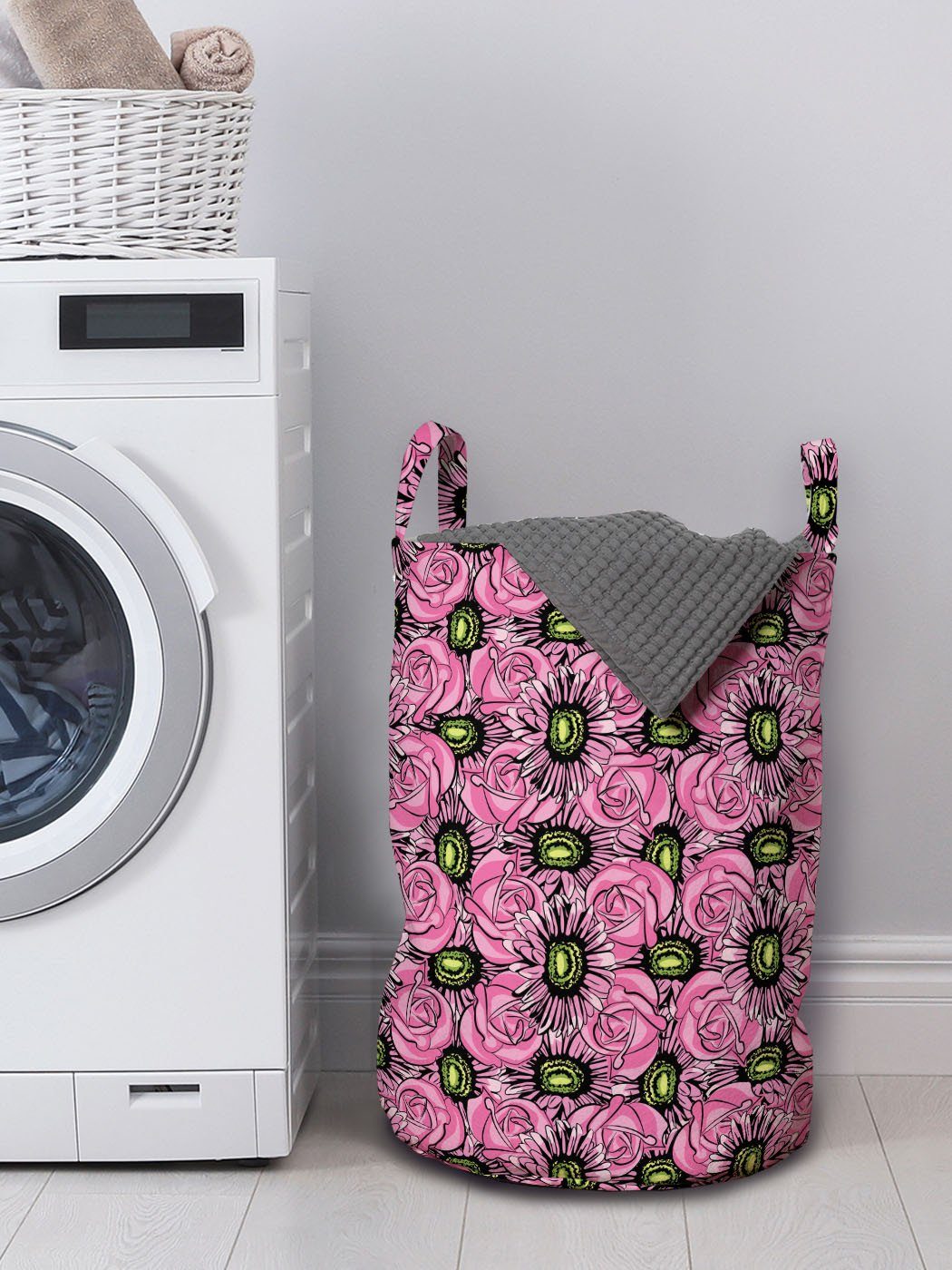 Garten-Kunst Gerbera mit Wäschesäckchen Rosen Wäschekorb und Waschsalons, Kordelzugverschluss Abakuhaus Griffen für