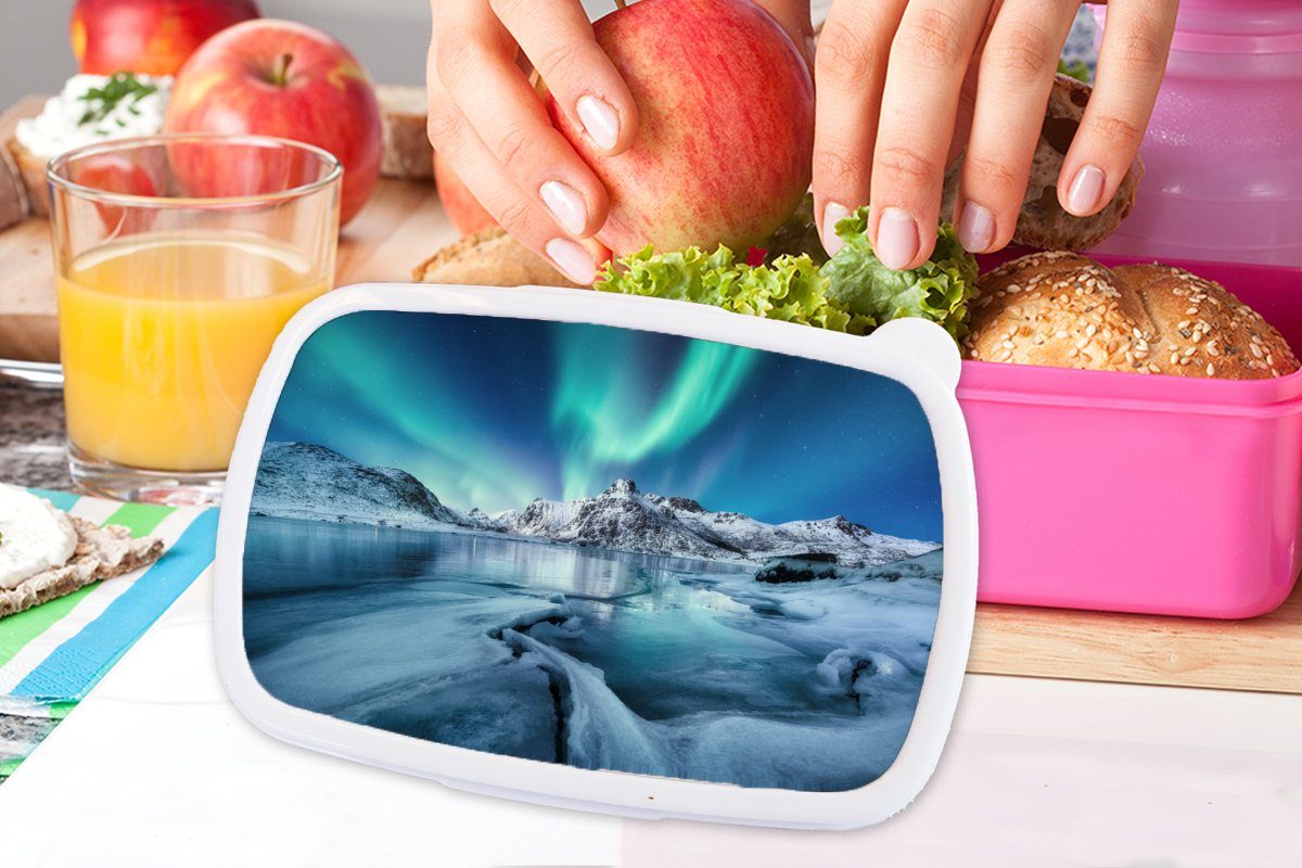 MuchoWow Lunchbox Nordlichter - Schnee Kunststoff Erwachsene, - rosa Kunststoff, für Snackbox, - Norwegen, Brotbox (2-tlg), Brotdose Eis Mädchen, Kinder