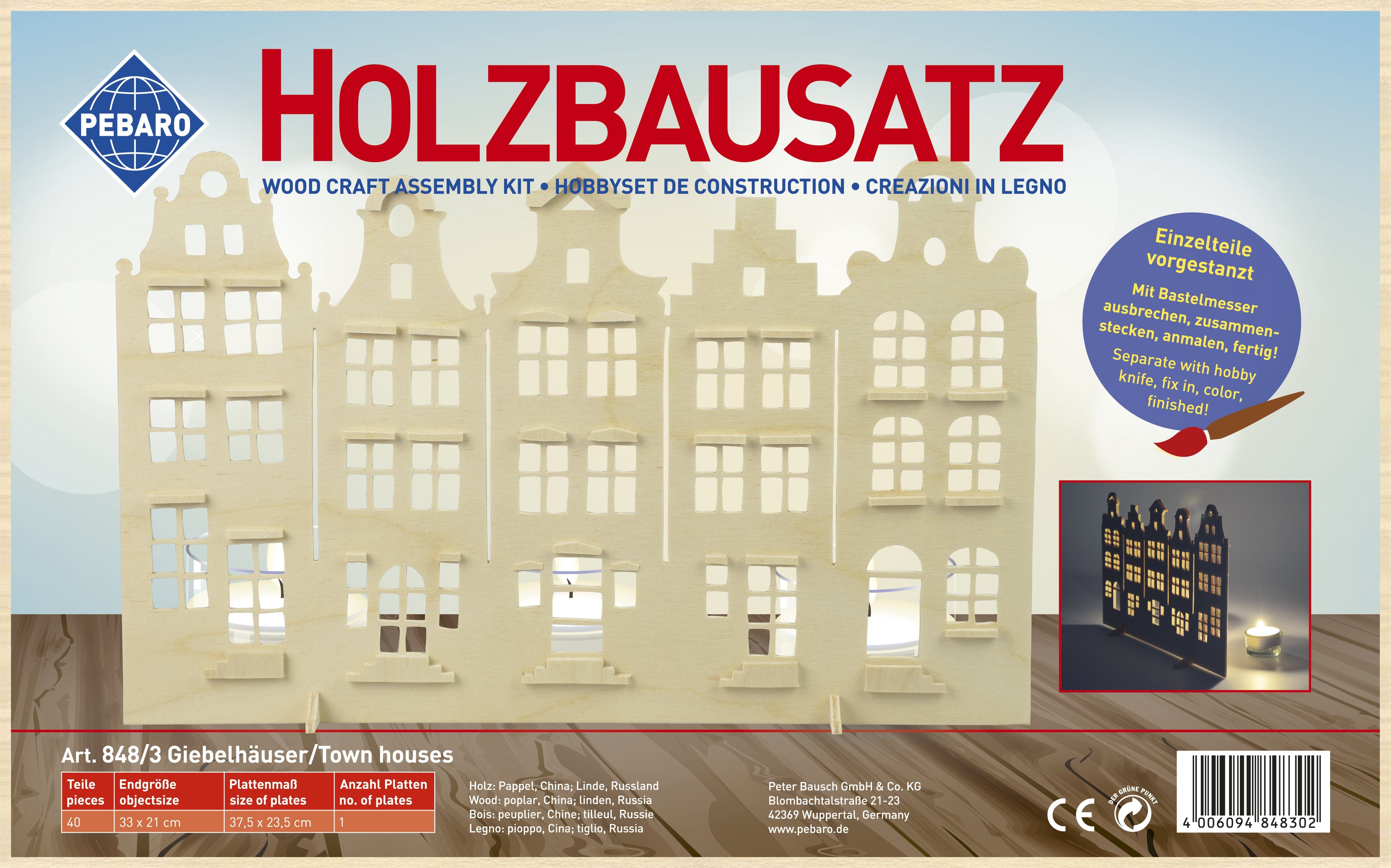 Pebaro 3D-Puzzle Holzbausatz Giebelhäuser, 848/3, Puzzleteile 40