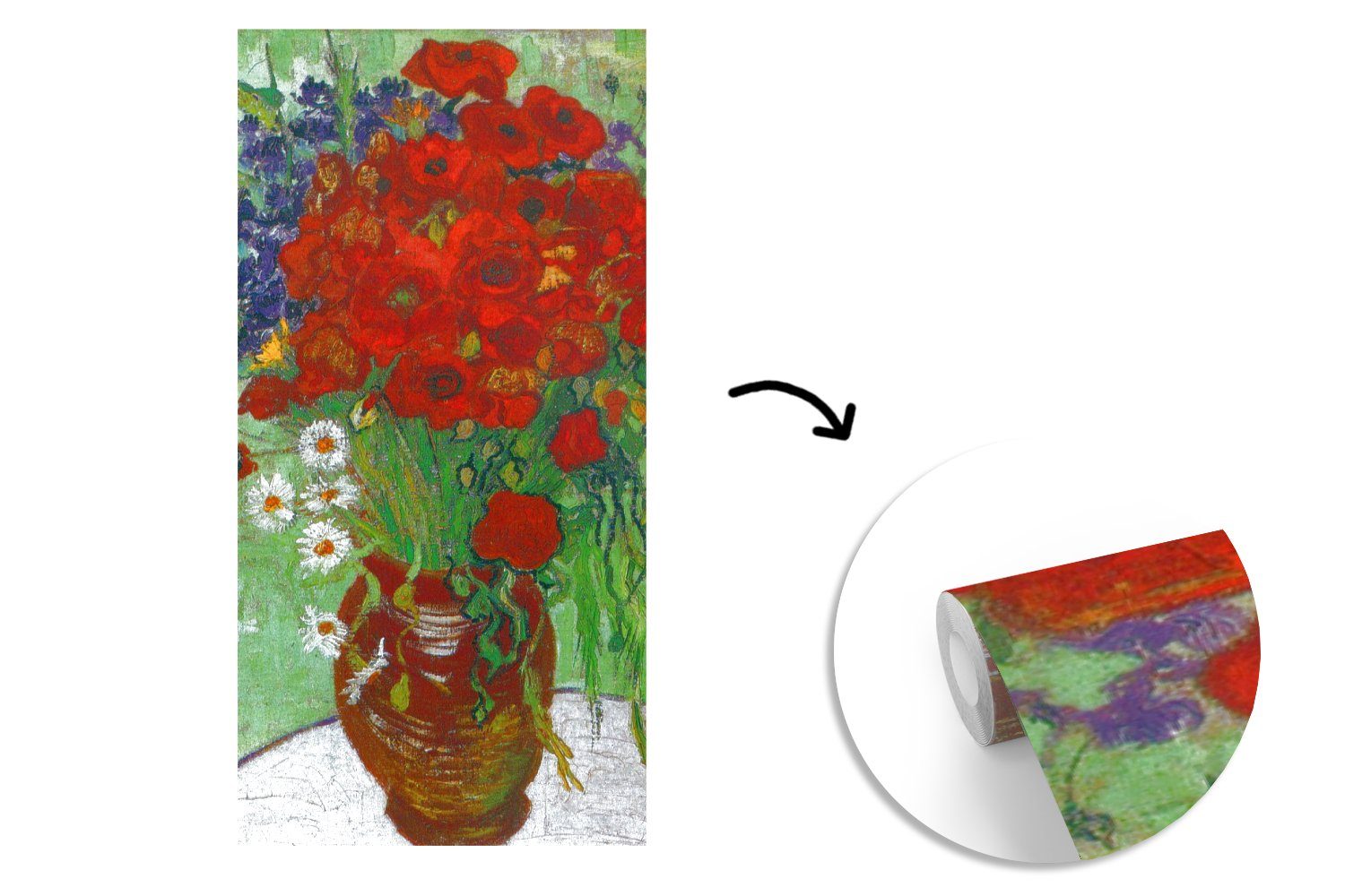 (2 und Schlafzimmer für Gogh, St), bedruckt, Fototapete Matt, Vase roten Vliestapete - Wohnzimmer Vincent Küche, Mohnblumen MuchoWow Fototapete van Gänseblümchen mit