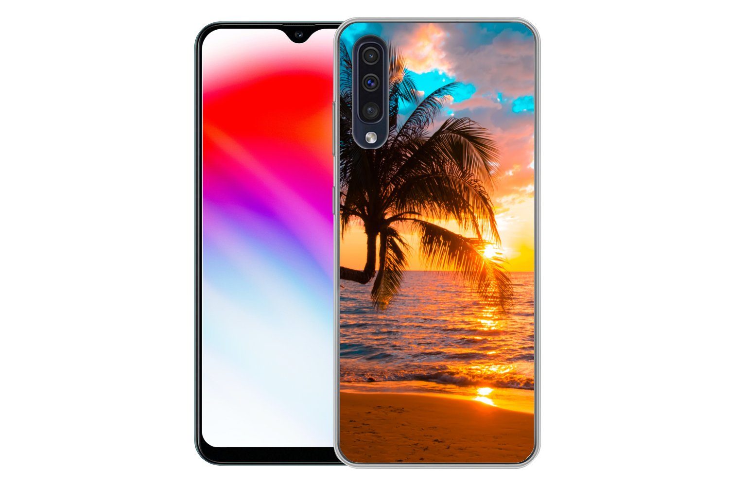 MuchoWow Handyhülle für Samsung Galaxy A50 Palme - Sonnenuntergang - Horizont - Strand - M, Smartphone-Bumper, Print, Handy Schutzhülle Dünn