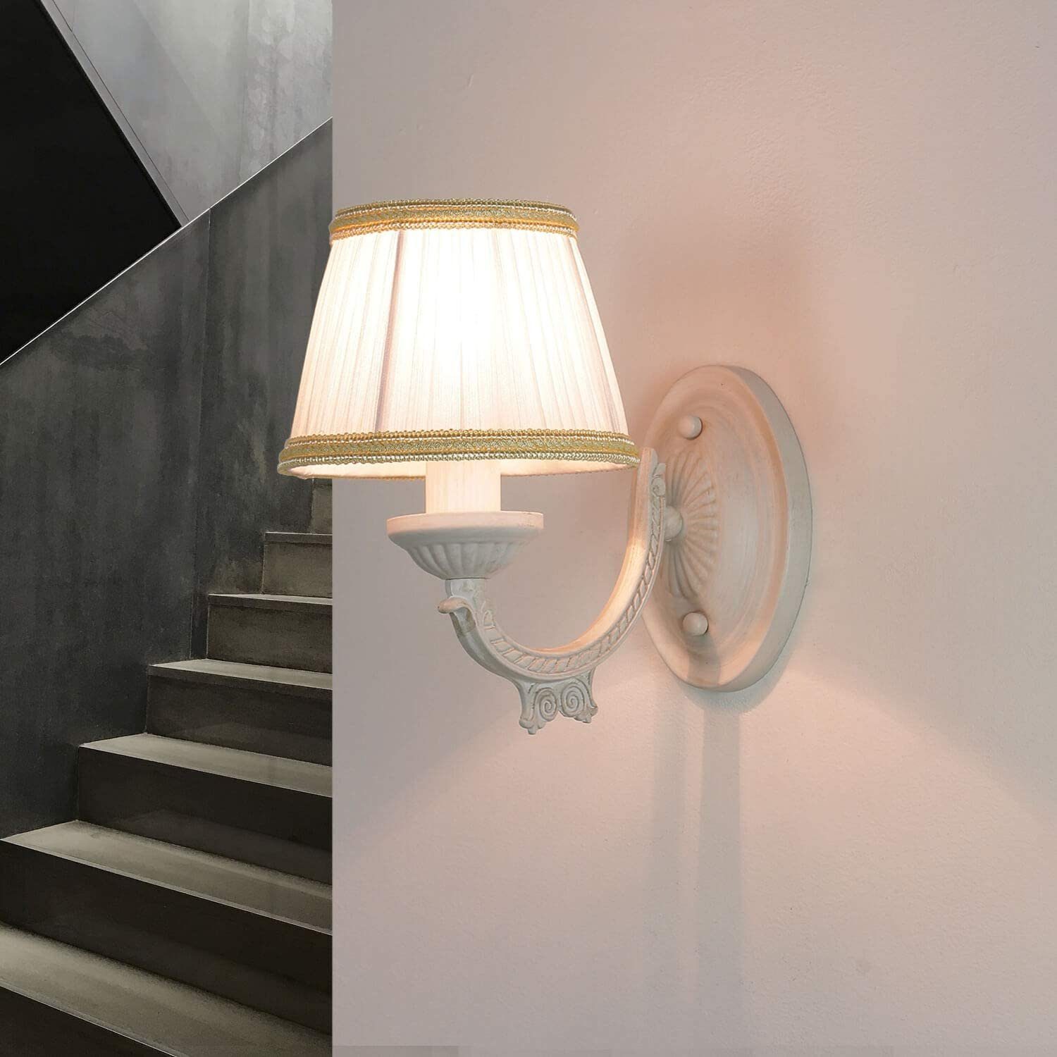 Leuchtmittel, Wandleuchte ohne SOFIA, Wandlampe Licht-Erlebnisse Stoffschirm Shabby Weiß Schlafzimmer