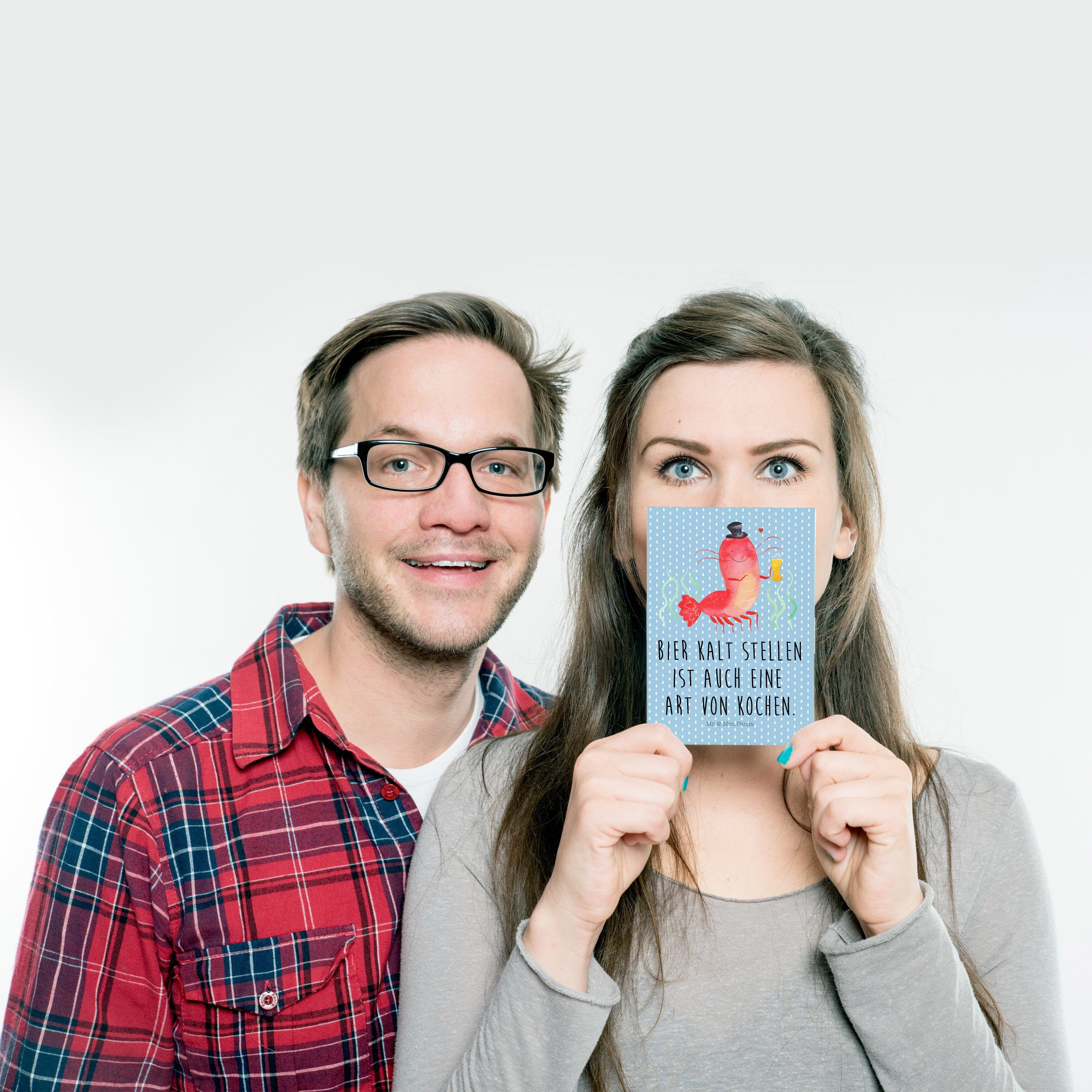 Mr. & Mrs. Panda Postkarte - Bierliebh - Weizen mit Geschenk, Hummer Pastell Geschenkkarte, Blau
