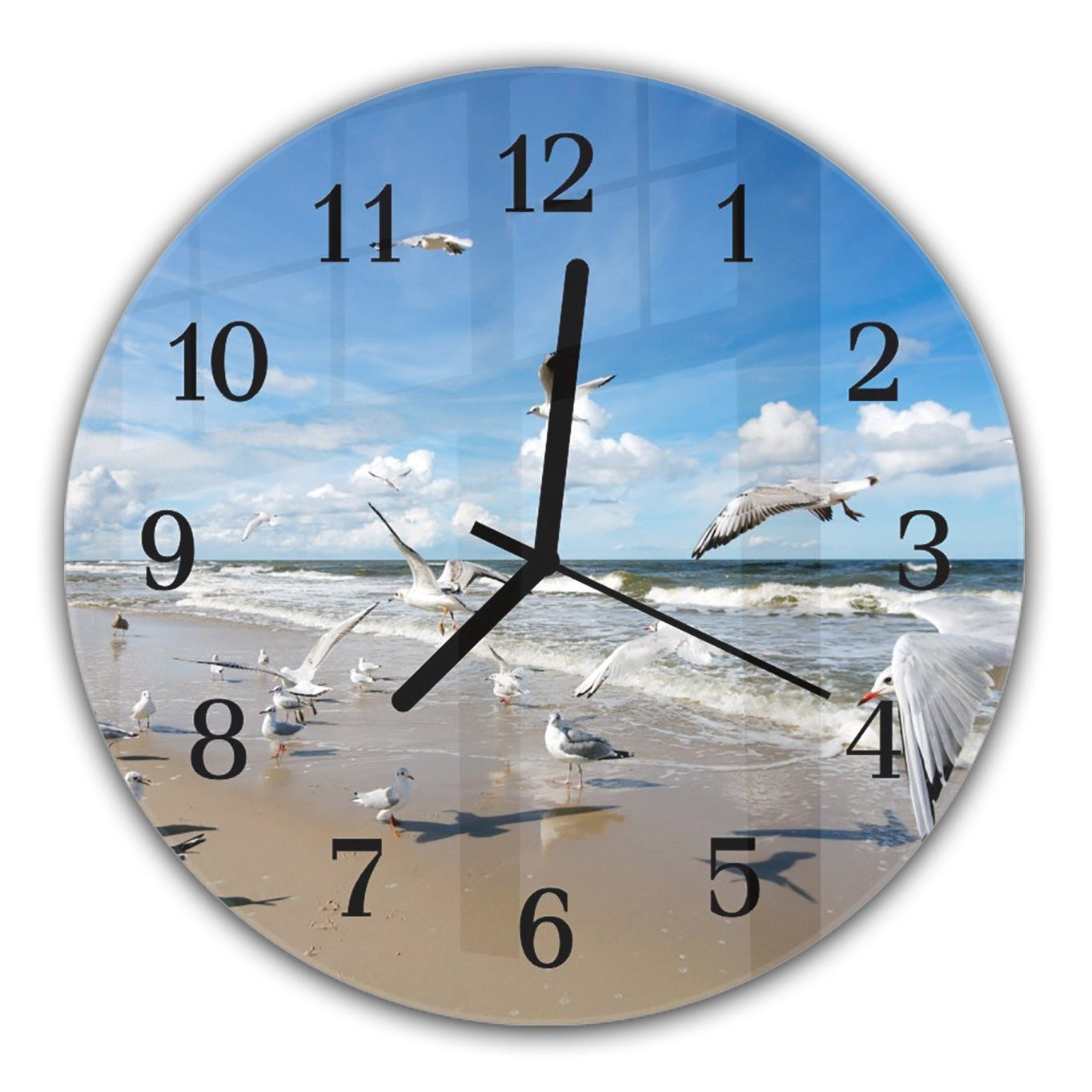 Primedeco Wanduhr Wanduhr aus Glas mit Motiv Seemöven am Meer - Rund mit Durchmesser 30 cm und Quarzuhrwerk