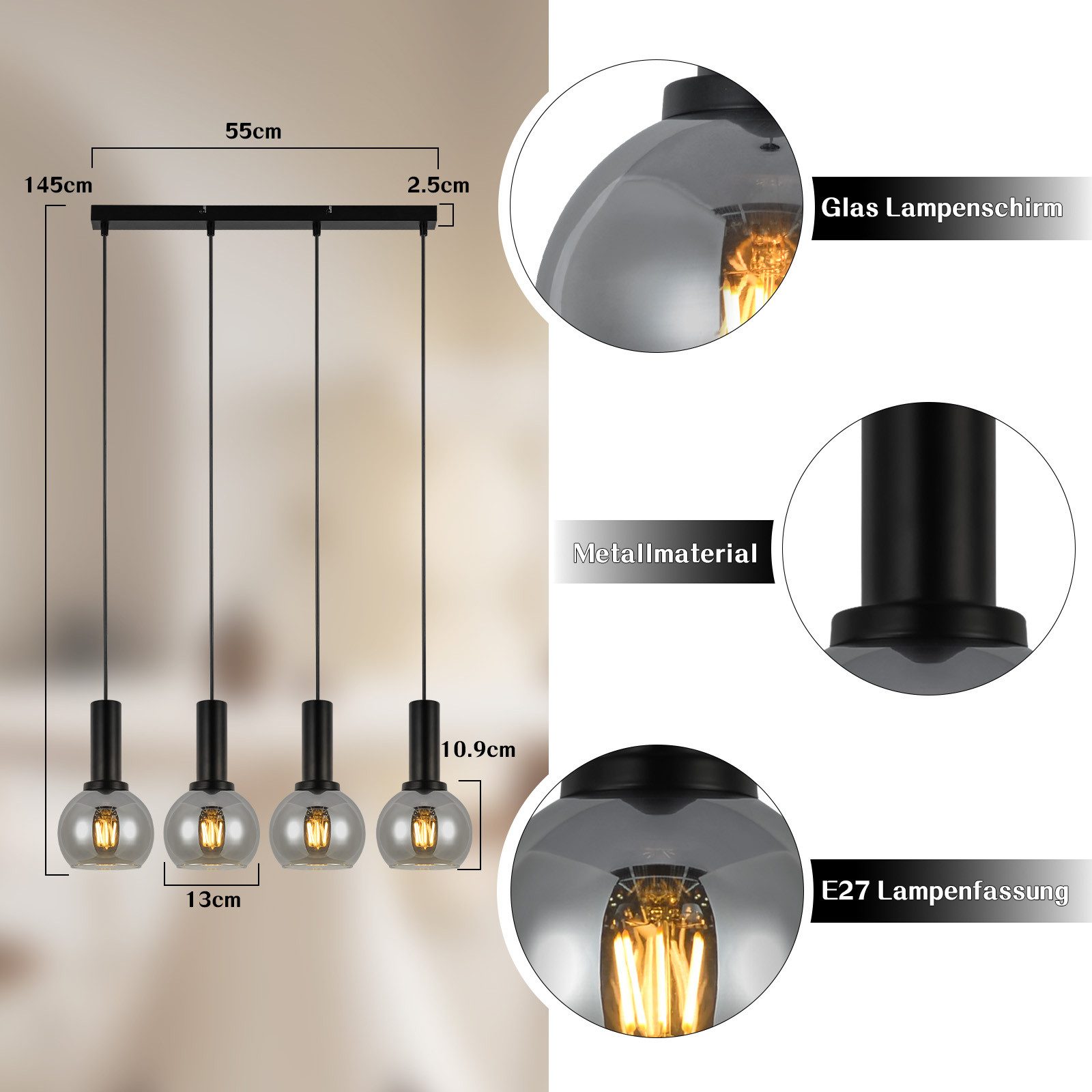 Nettlife Pendelleuchte Vintage Esstisch Glas Schwarz Industrial E27 Wohnzimmer, Höhenverstellbar, LED wechselbar, Esstischlampe für Wohnzimmer Küche – Bild 3 von 5