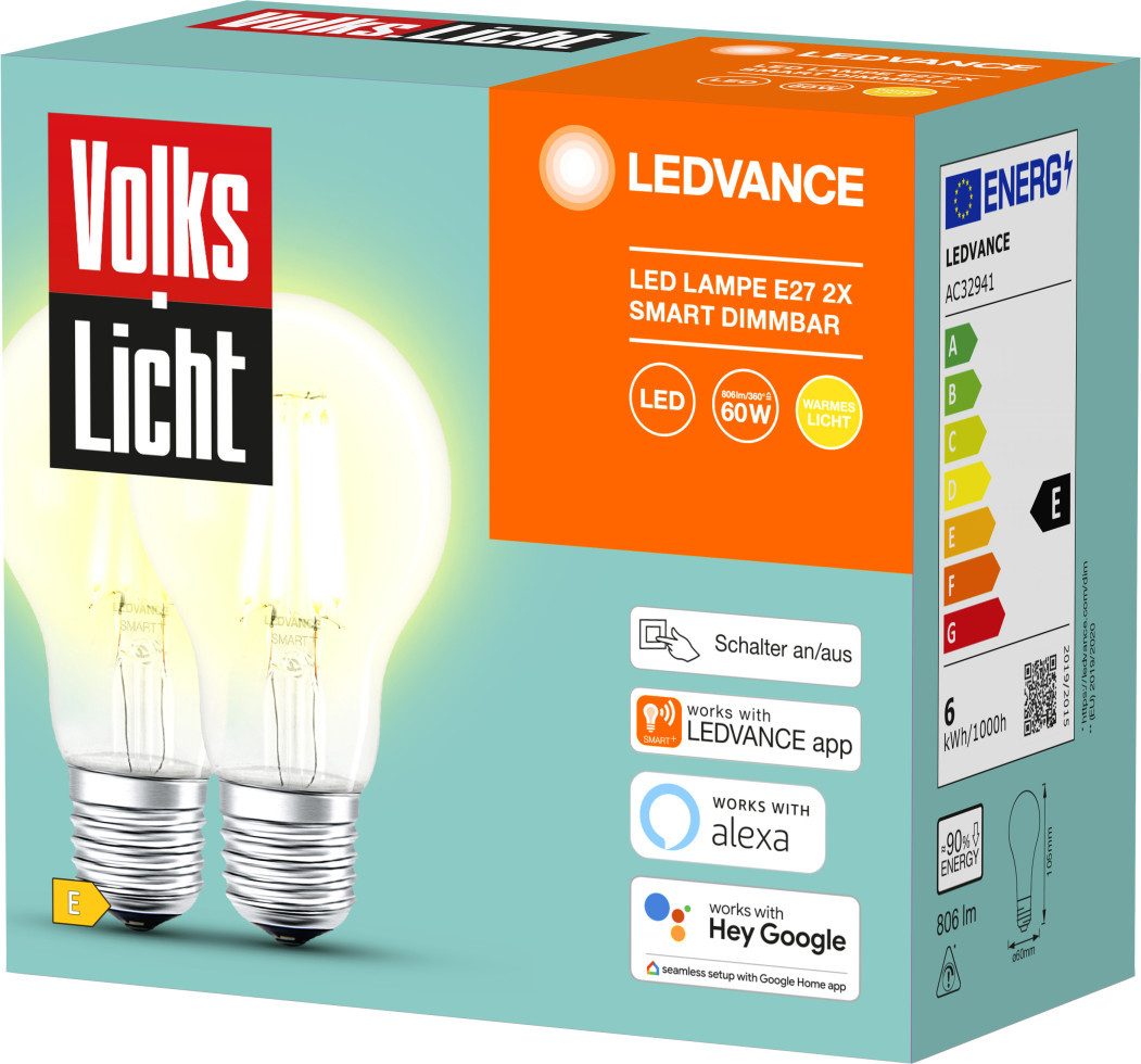 Ledvance LED-Leuchtmittel Ledvance Smart+ LED Leuchtmittel E27 Filament 6 W, Dimmbar