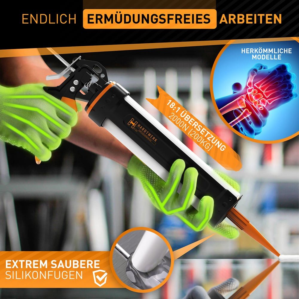 Hardtwerk® Kartuschenpistole 360° drehbar mit Cutter, Silikon Acryl Klebstoffe präzise dosieren Verfugen Reparaturen