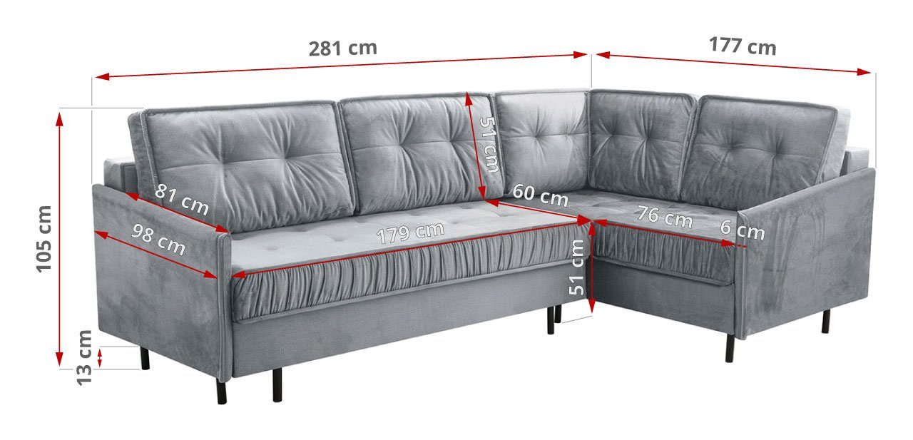 moderner Sitzfläche Ecksofa MÖBEL L-förmig mit MKS Grau gesteppter Monolith und Rückenlehne, AGENO, Stil