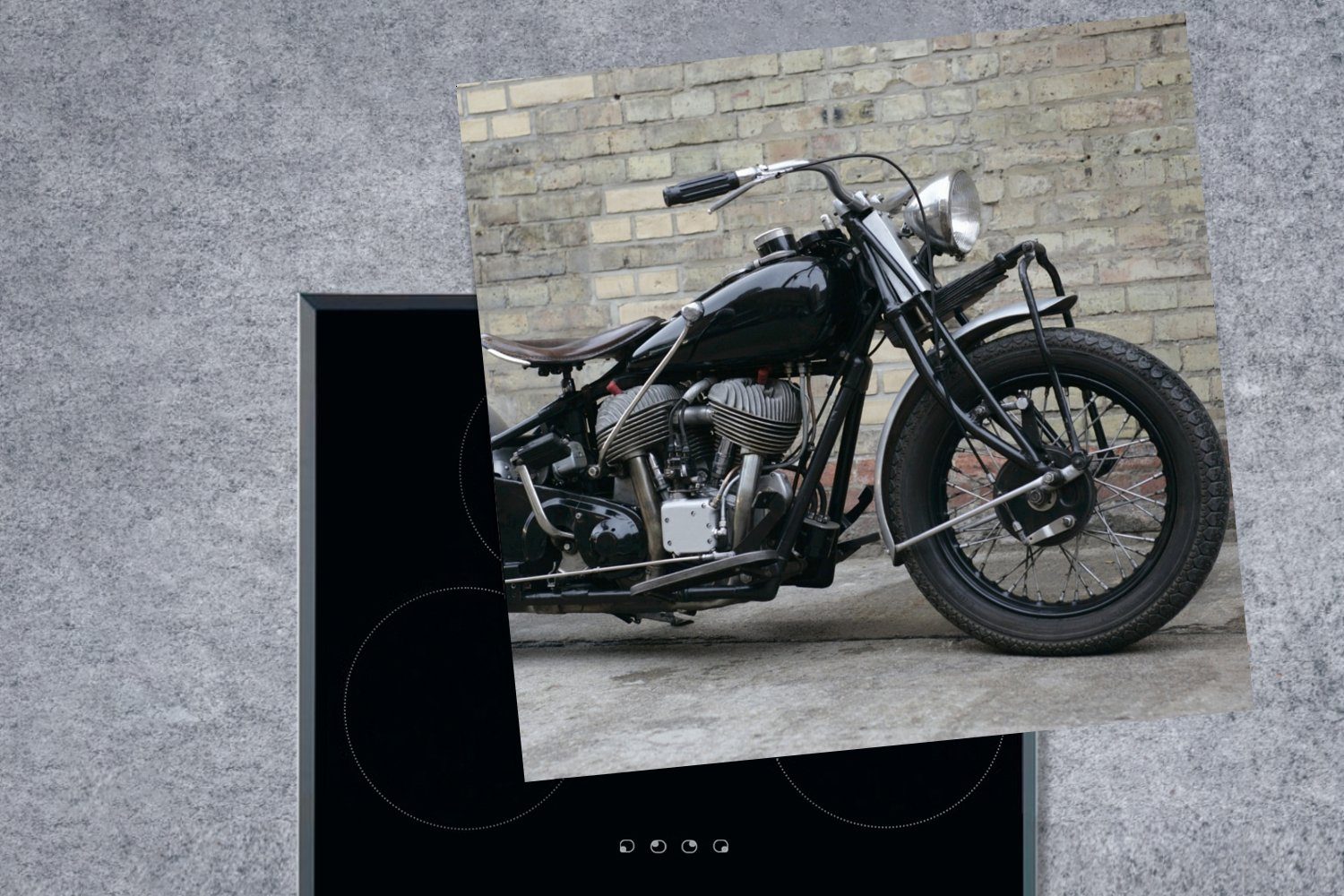 MuchoWow Herdblende-/Abdeckplatte Motorrad - Schwarz Vintage, Vinyl, cm, für 78x78 (1 küche - tlg), Arbeitsplatte Ceranfeldabdeckung