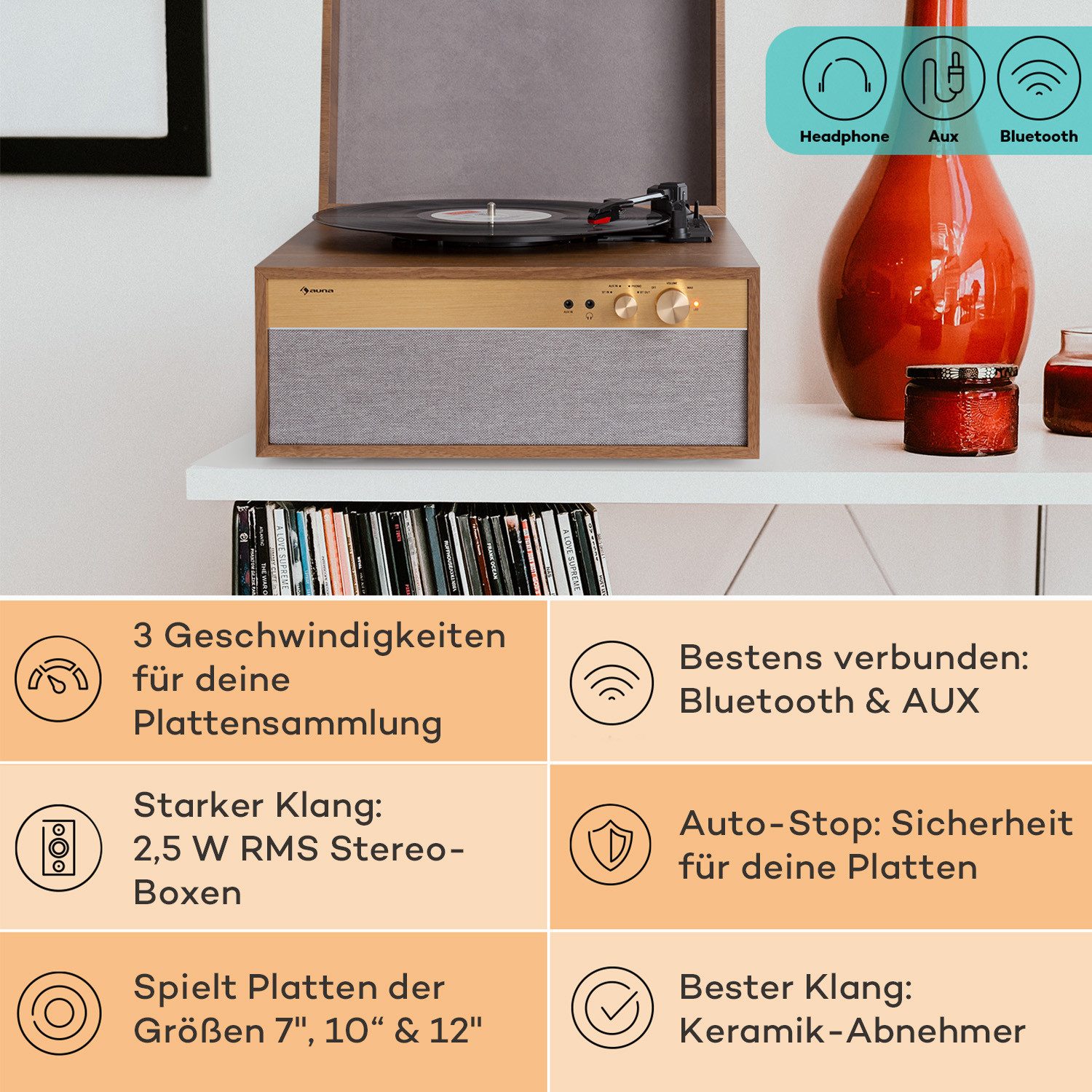 Auna Berklee TT Case Plattenspieler (Riemenantrieb, Bluetooth, Bluetooth lautsprecher Kopfhöreranschluss AUX IN Holz)