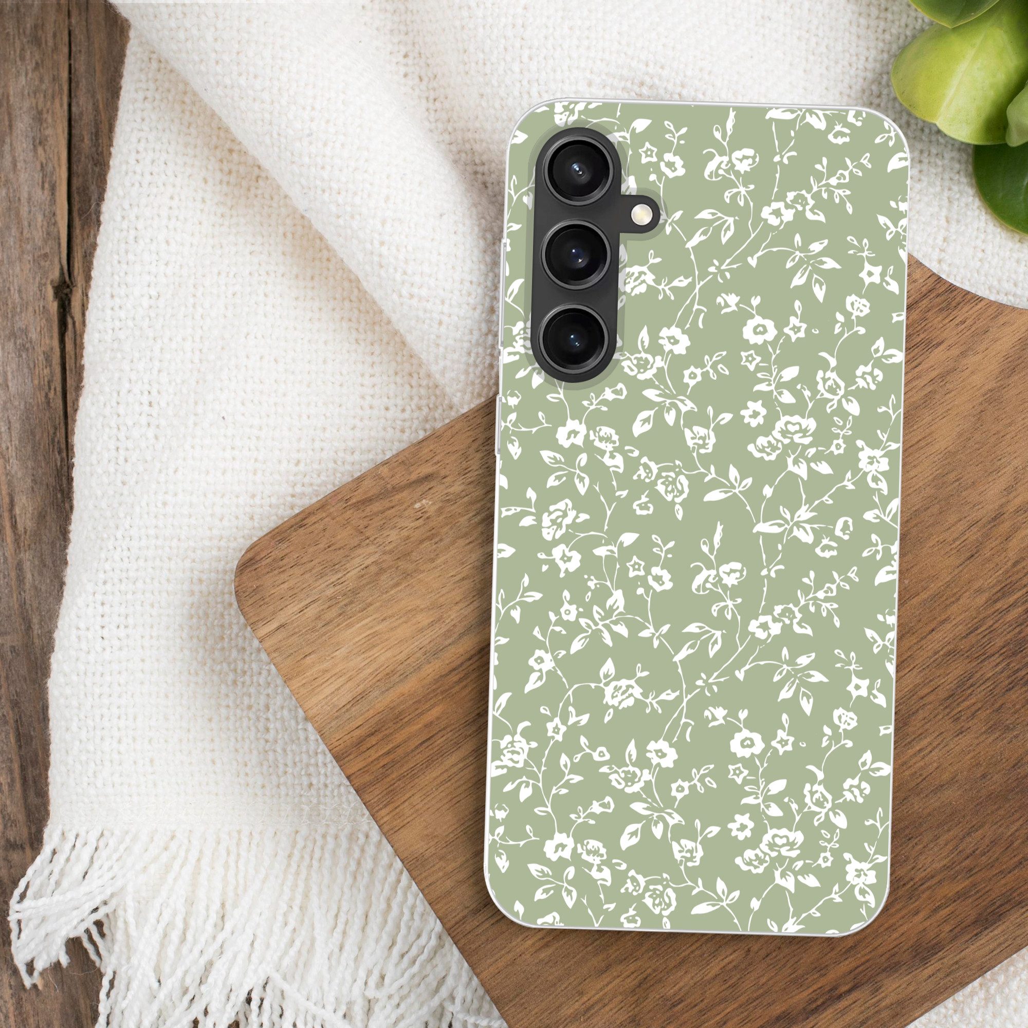 MuchoWow Handyhülle für Samsung Galaxy S23 FE Blumen - Druck - Grün - Weiß