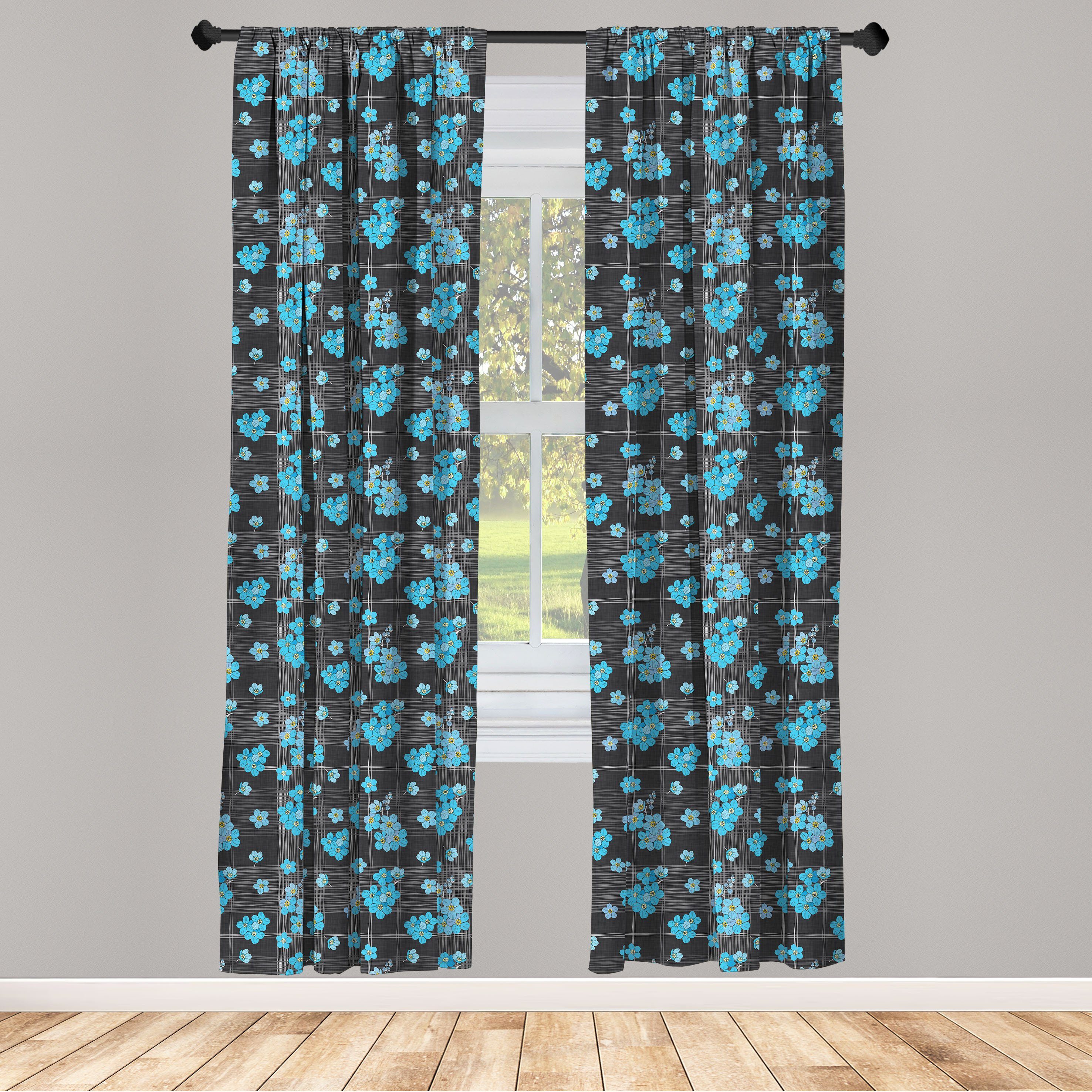 Gardine Vorhang für Wohnzimmer Schlafzimmer Dekor, Abakuhaus, Microfaser, Blume Blaue Blüten auf Gitter