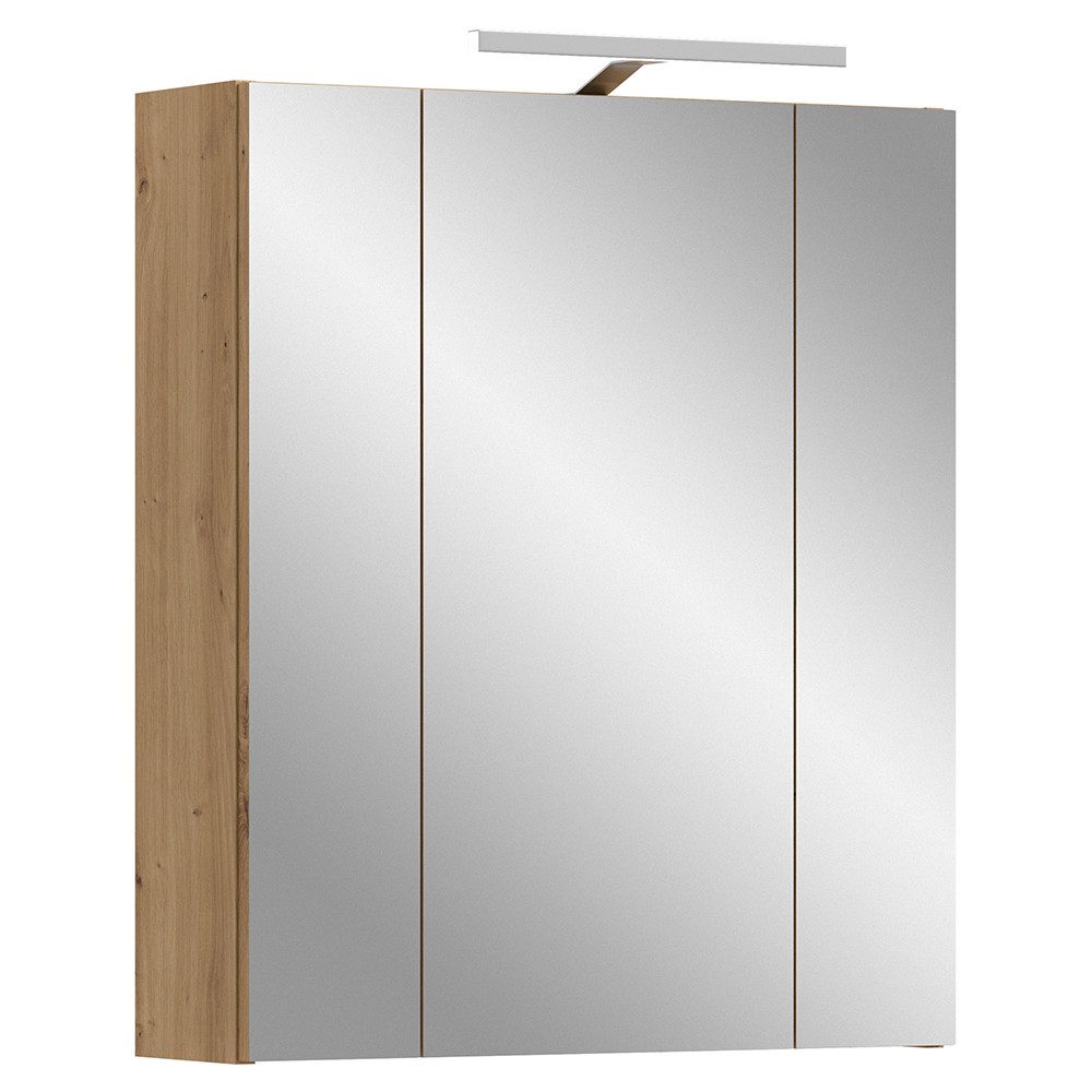 Lomadox Spiegelschrank IGGESUND-158 60 cm breit in Eiche, 3 Türen mit 3D-Funktion, inkl. LED-Beleuchtung