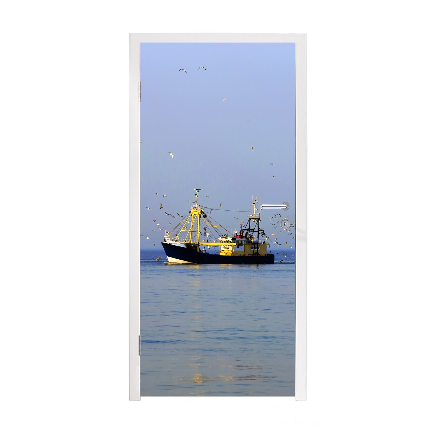 für Fischerboot bedruckt, St), Türaufkleber, Türtapete MuchoWow - Nordsee Fototapete Matt, Vogel, - 75x205 cm (1 Tür,