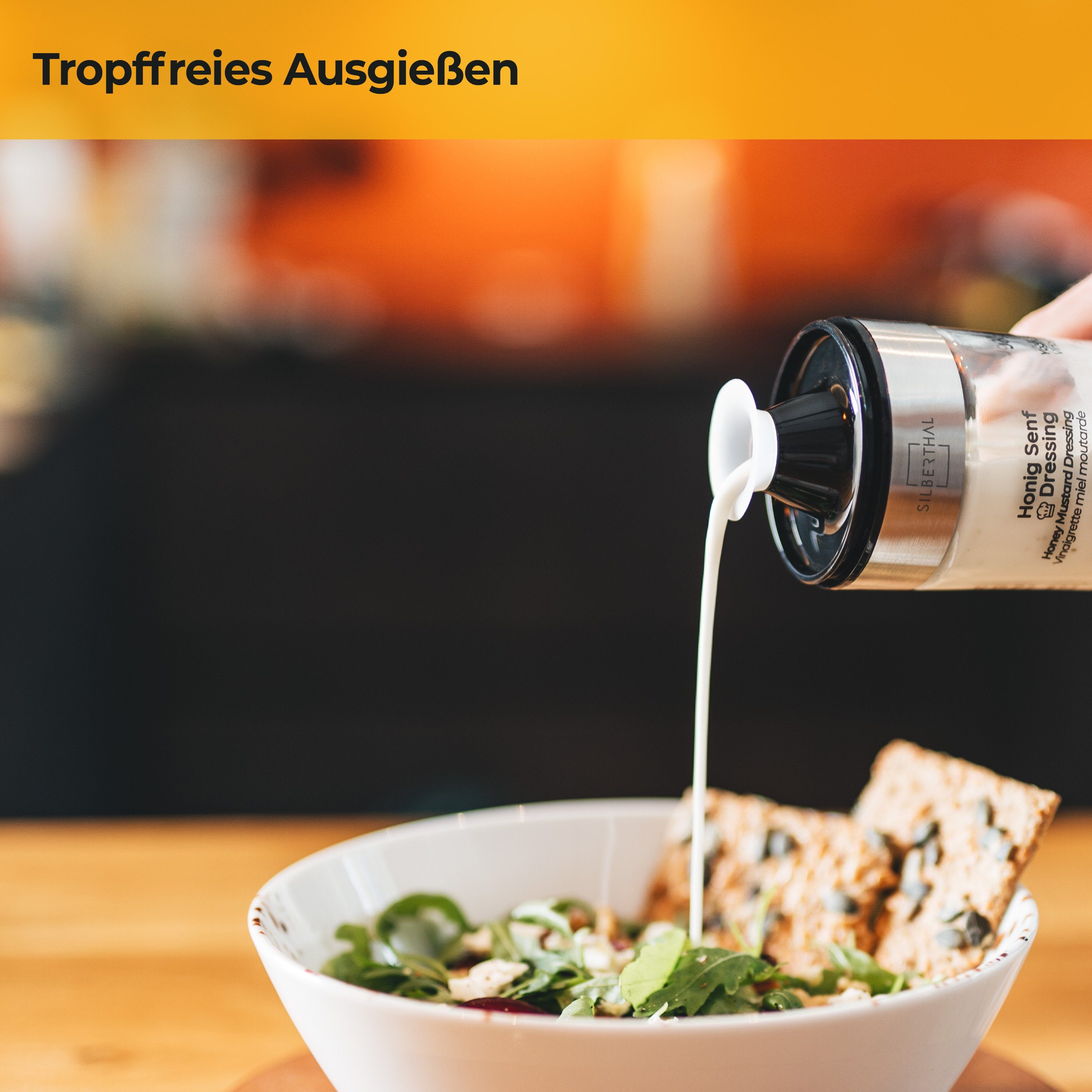 Salatsaucen integrierter perfekt Salatdressing Behälter Rezepten, SILBERTHAL Glas, zum Shaker Mitnehmen 500ml mit mit Dressing Shaker Skala,