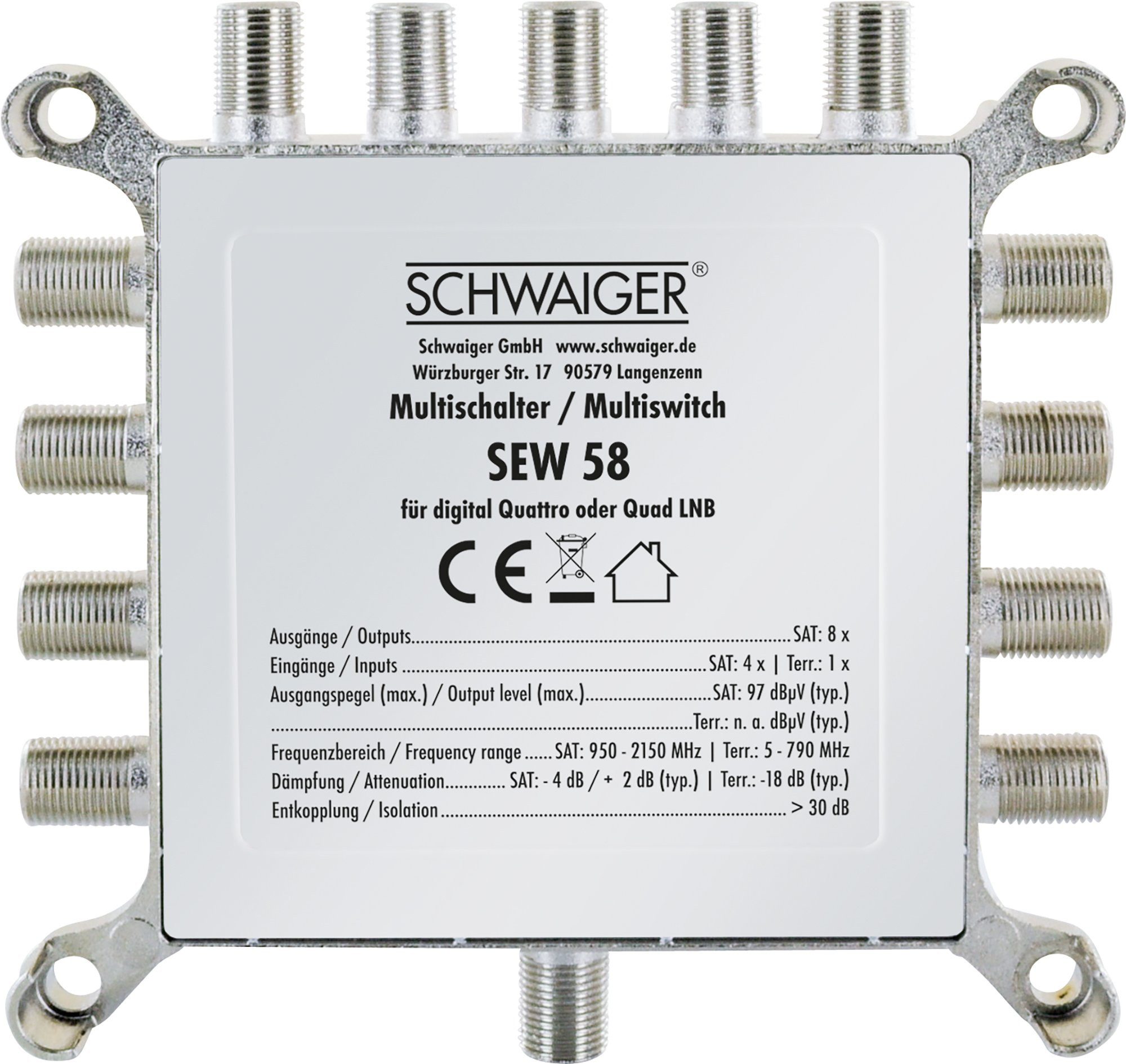 Schwaiger SAT-Multischalter SEW58 531 (verteilt 1 Satellitenpositionen auf 8 Ausgänge), unabhängige Programmvielfalt für alle Teilnehmer