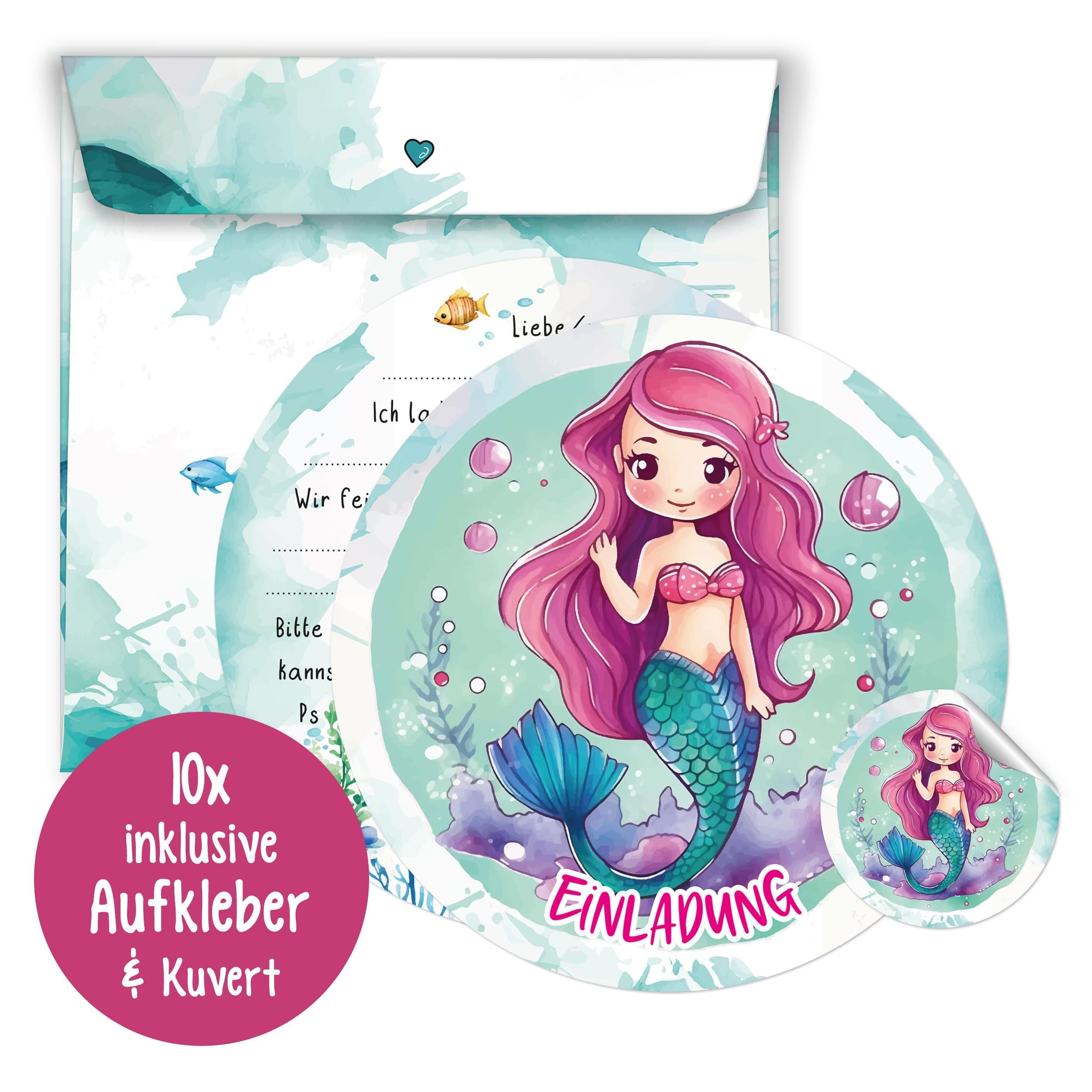 Geburtstag XXL & Sticker, Runde TOBJA inkl Kinder Meerjungfrau Kindergeburtstag Einladungskarten Grußkarte Einladung Mädchen Umschläge