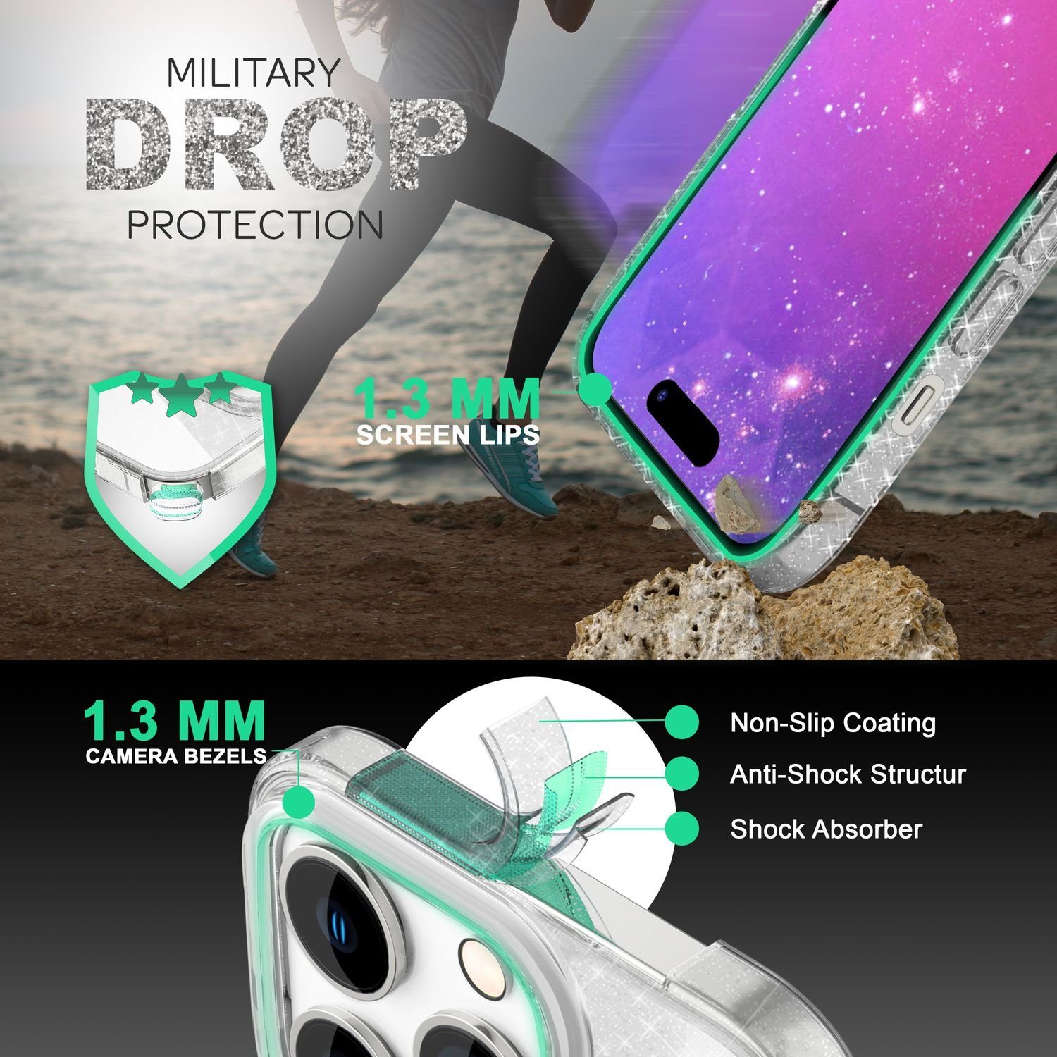 Nalia Smartphone-Hülle Apple iPhone 14 Pro 15,5 cm (6,1 Zoll), Glitzer Silikon Hülle / Verstärkte Innenseite / Glänzende Schutzhülle