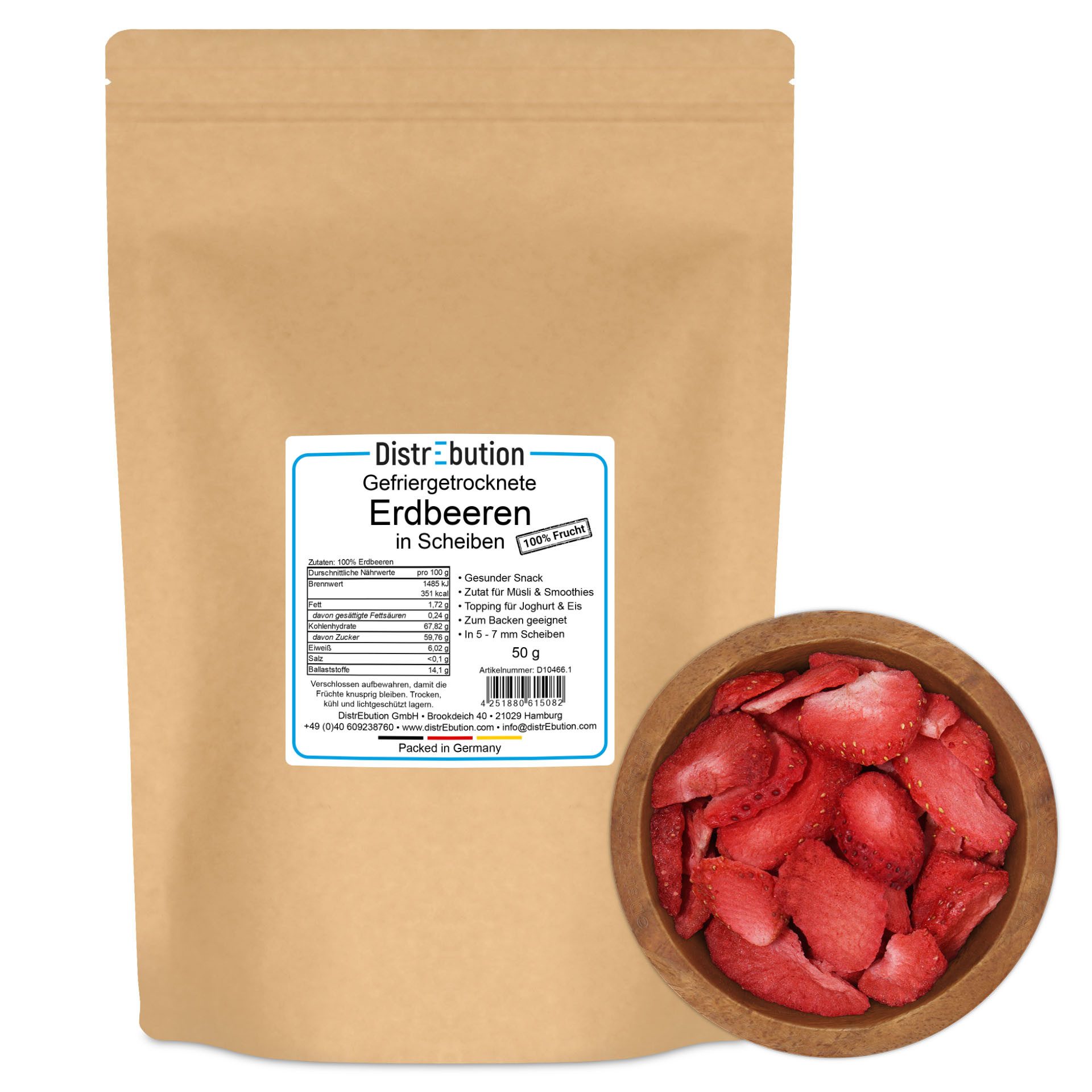 DistrEbution Trockenfrüchte Erdbeeren gefriergetrocknet, Ohne Zucker, 100% Frucht, 50 g, Knusprige Erdbeerscheiben, als Snack, für Müsli, Joghurt & Smoothies