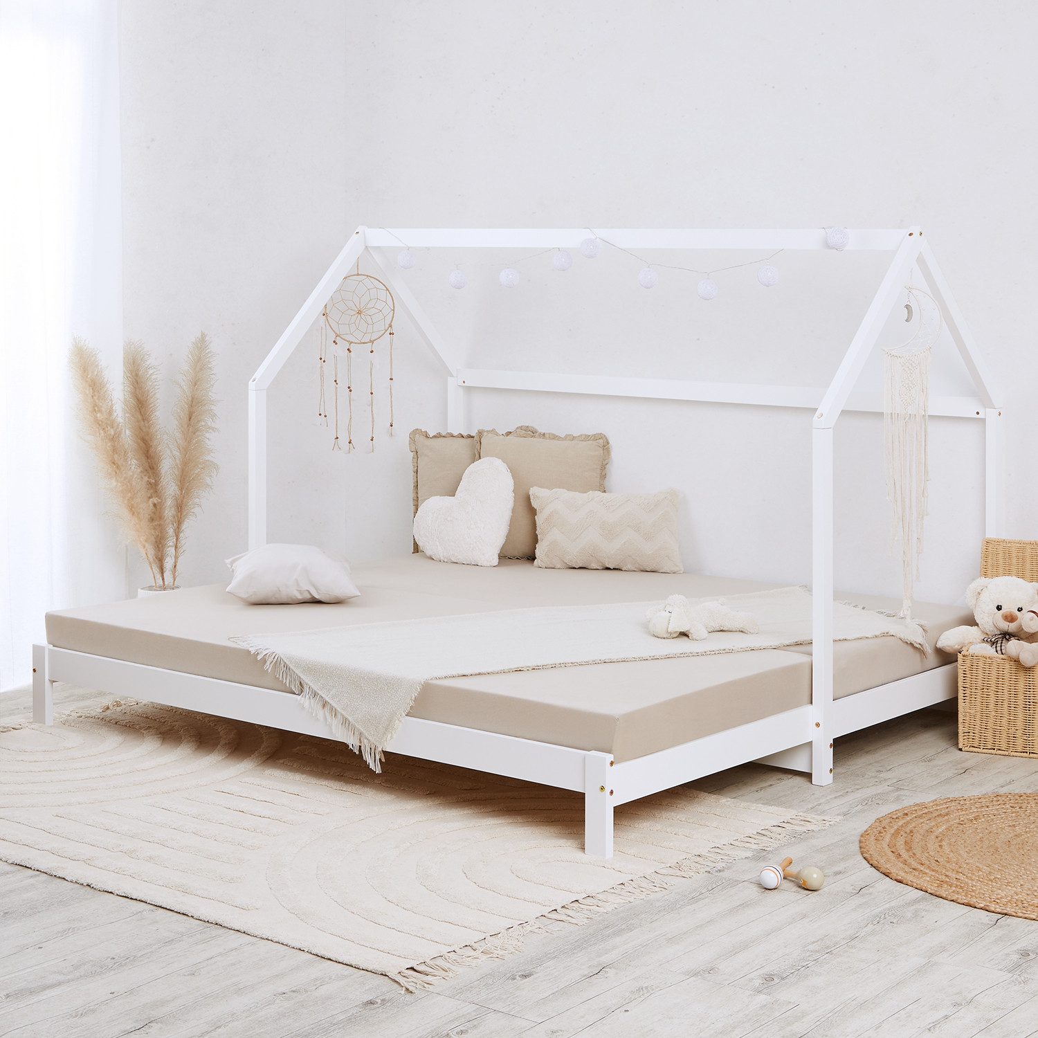 Homestyle4u Holzbett 90x200 Kinderbett Hausbett Weiß Ausziehbett auf 187 Fa günstig online kaufen