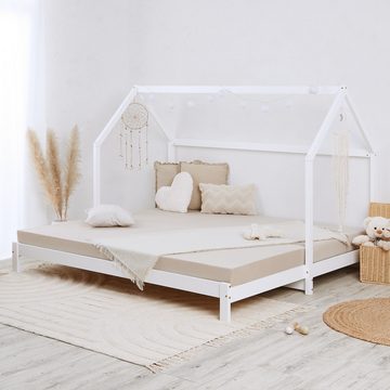 Homestyle4u Holzbett Hausbett ausziehbar 90x200 Weiß Matratze, ebene Liegefläche zum Kuscheln, Stillen und gemeinsamen Einschlafen