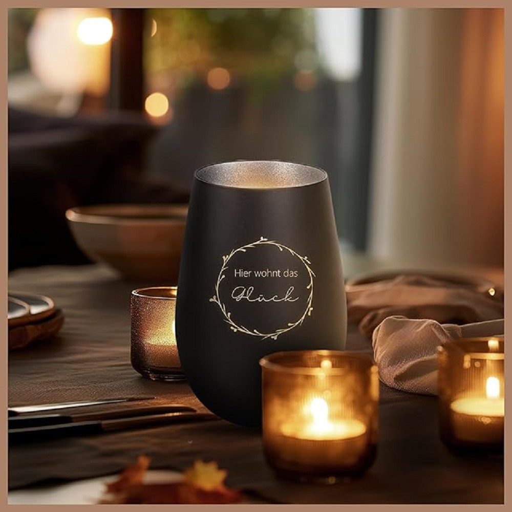 Der Porzellan-Laden Windlicht Handgefertigtes Windlicht mit Gravur 'Hier wohnt das Glück' - Dekorati