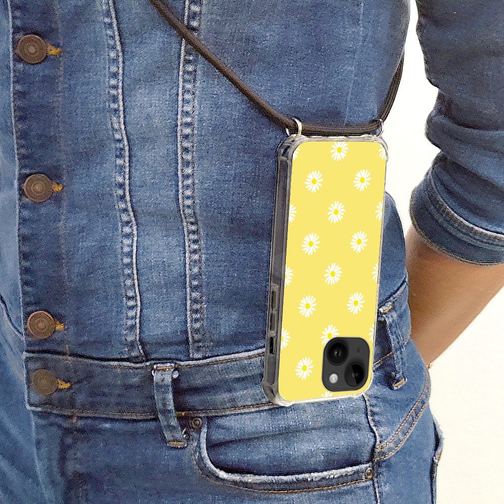 MuchoWow Handyhülle für Apple iPhone 14 Gänseblümchen - Pastell - Weiß - Gelb - Blumen, Tragbare Handyhüllen mit Kette zum umhängen, Handykette Handyband