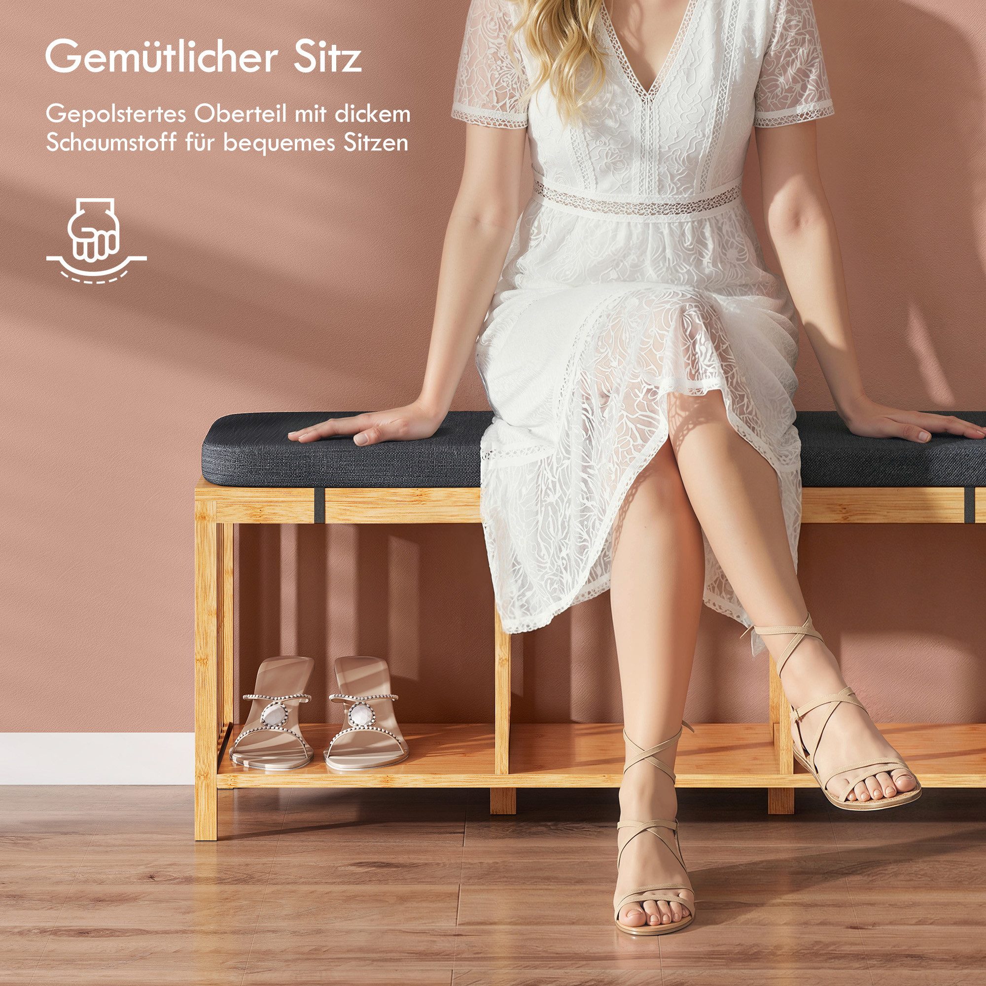 HOMCOM Schuhbank Schuhregal mit Stauraum, Sitzbank aus Bambus mit offener Ablage (Flurbank, 1-St., inkl. Sitzkissen), Schuhbank mit Sitzkissen und Stauraum – Bild 4 von 5