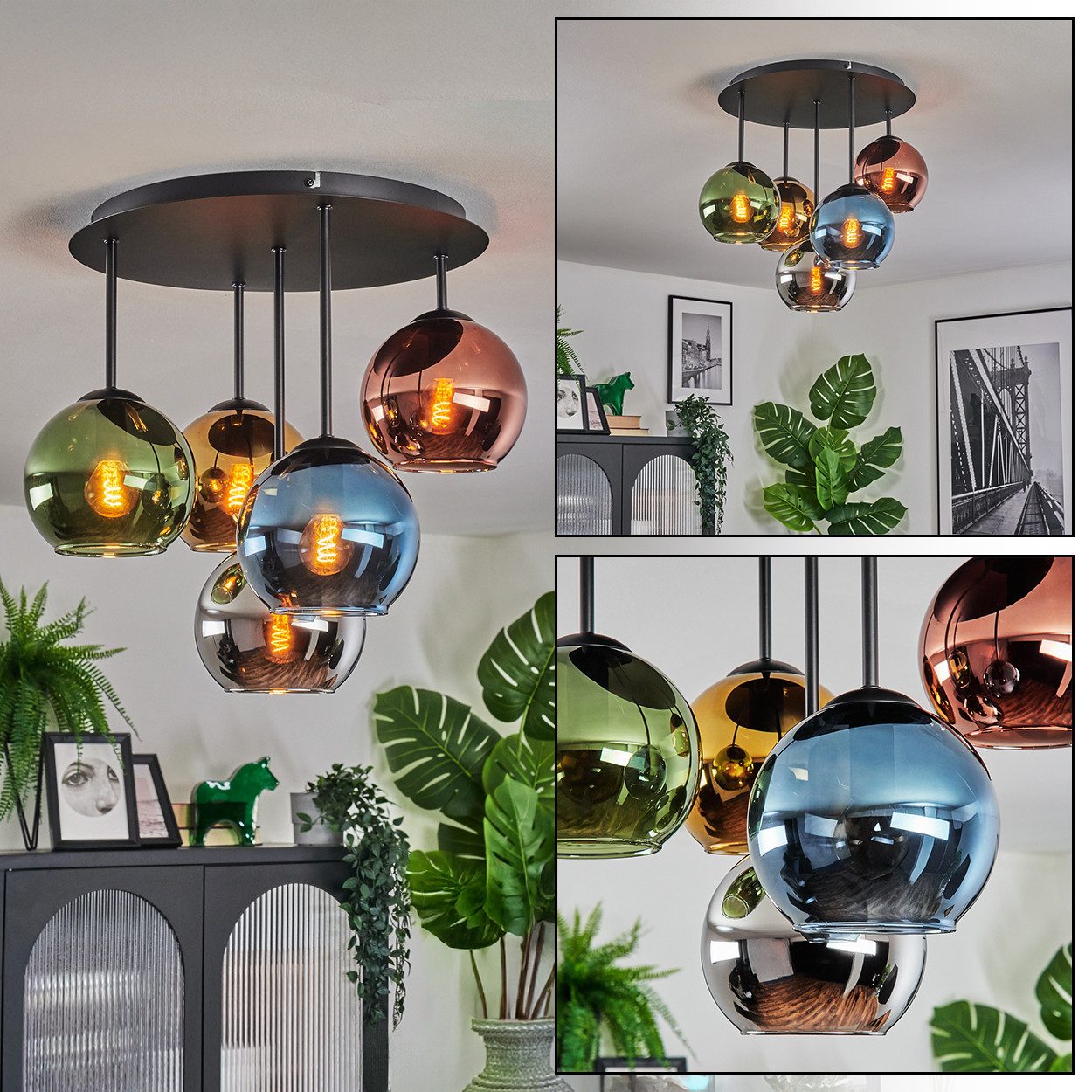 hofstein Deckenleuchte Deckenlampe aus Metall/Glas, Schwarz/Blau/Grün/Kupfe günstig online kaufen