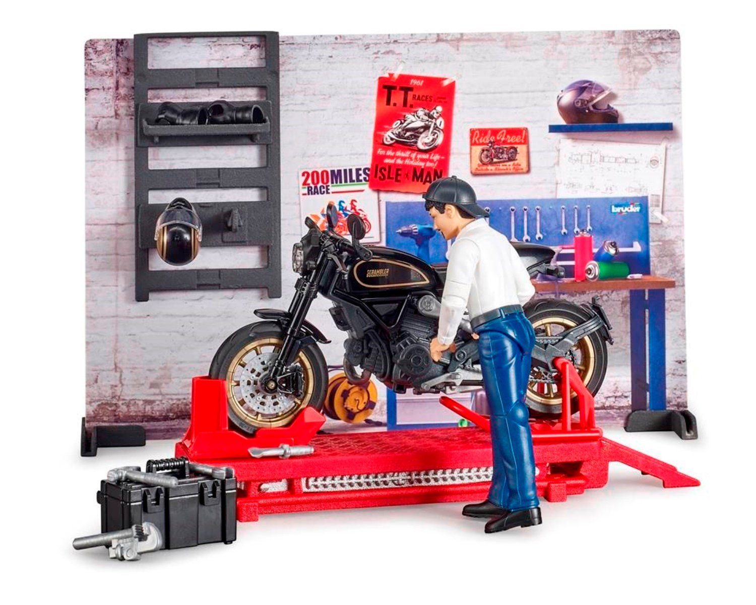 Bruder® Spielzeug-LKW bworld Motorrad-Werkstatt 62101 Motorrad, detailgetreue Scrambler Ducati Cafe Racer, mit Hebebühne, Stellfüße