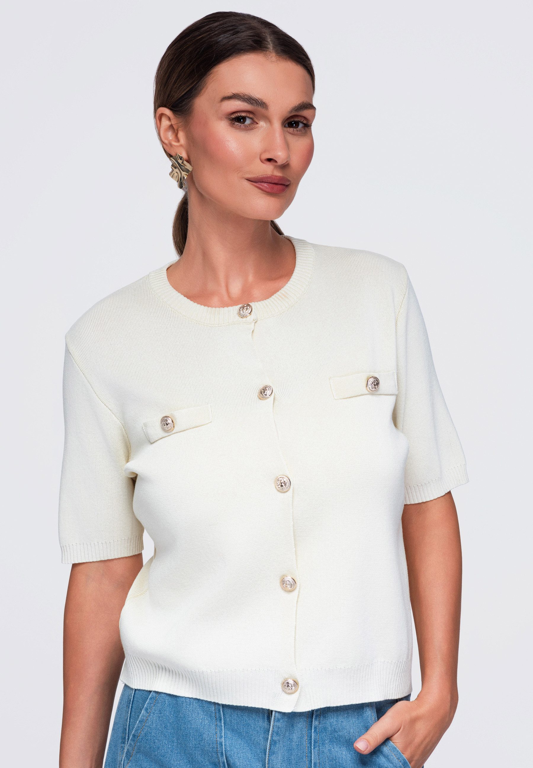 OMBRE Klassische Bluse Damen Bluse mit dekorativen Patten elegant Beige S/M (kein Set, 1-tlg) in Unifarbe