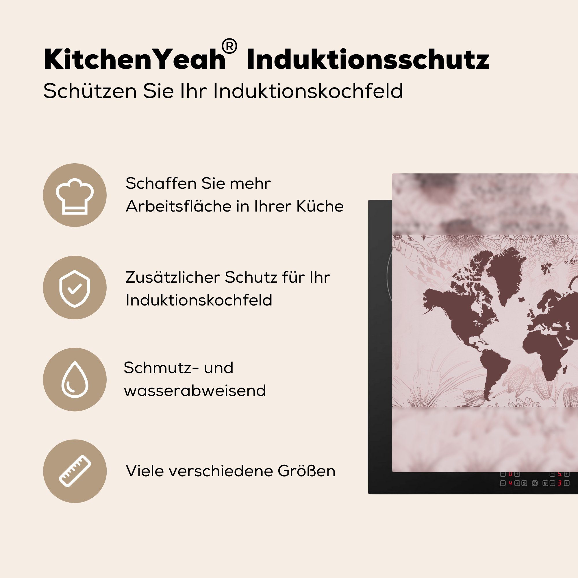 MuchoWow Herdblende-/Abdeckplatte Weltkarte für - Vinyl, - tlg), Arbeitsplatte Blume küche (1 Rot, cm, Ceranfeldabdeckung, 78x78