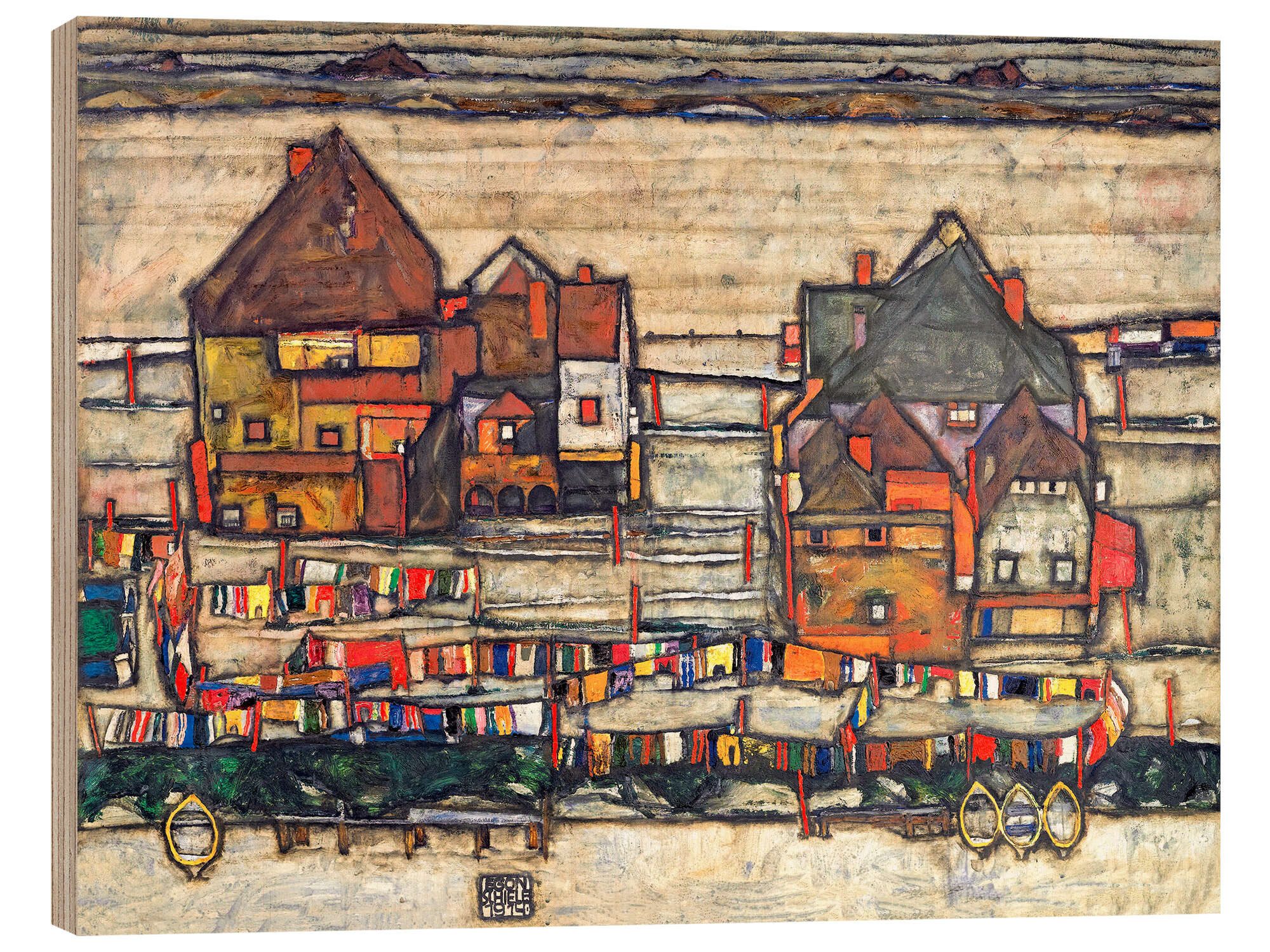 Posterlounge Wandbild Häuser mit bunter Wäsche (Vorstadt II), Egon Schiele, erhältlich als Poster, Leinwandbild, Wandsticker oder Acrylglasbild