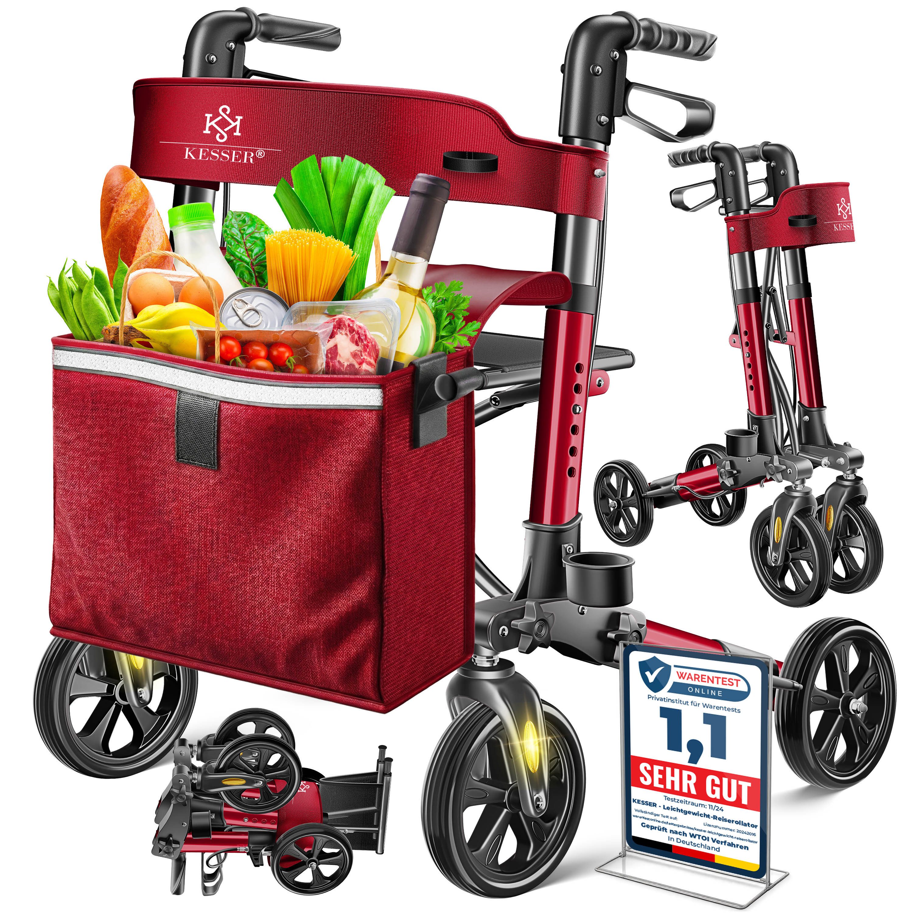 KESSER Rollator Aluminium – faltbar, höhenverstellbar & bis 136 kg belastbar, wetterbeständig, Tasche, Stockhalter, Reflektoren, 360° Gelände Reifen