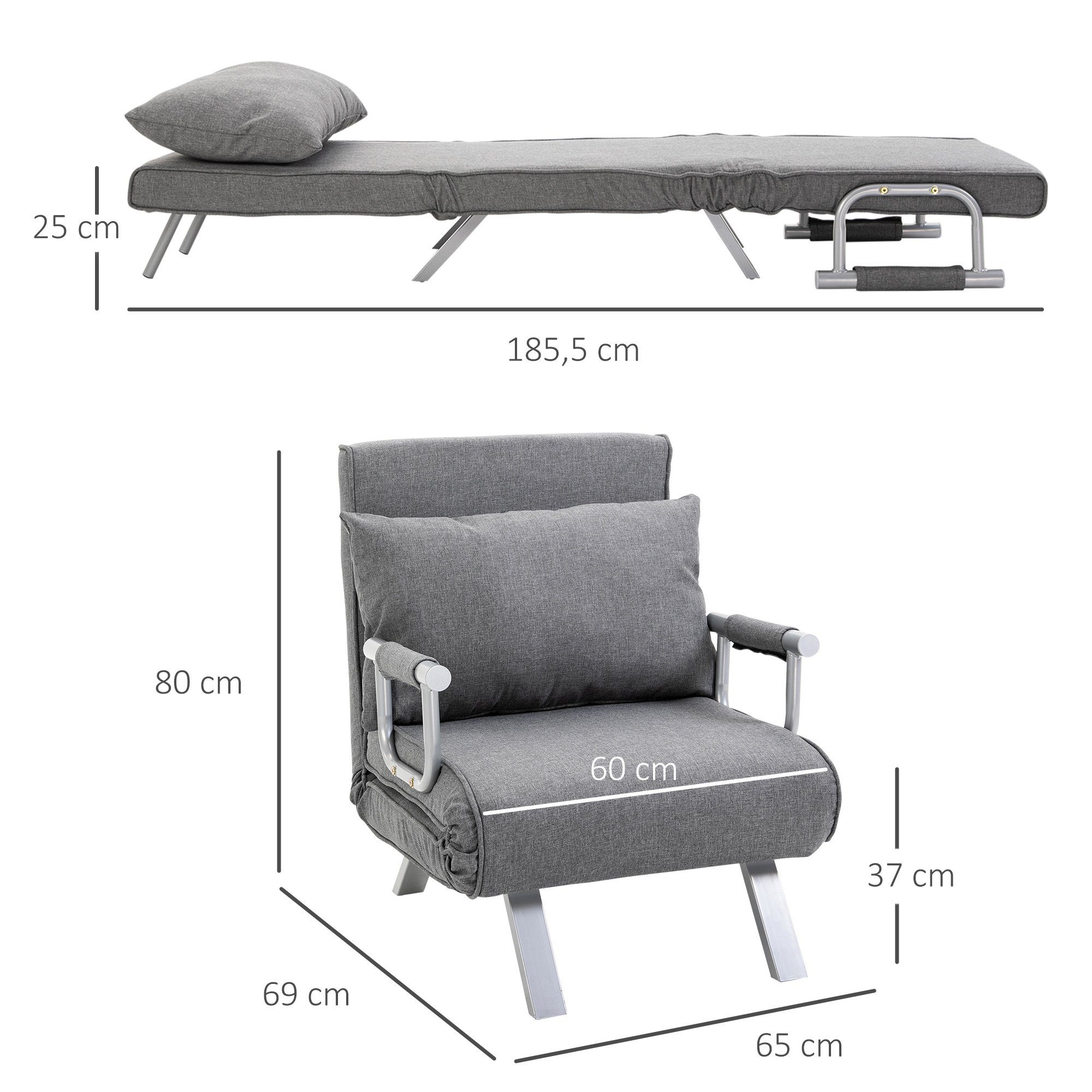 HOMCOM Sessel mit Armlehne, 3-in-1 Gästebett, Klappmatratze, Klappbett (Schlafsessel, 1-St., Schlafsofa), für Wohnzimmer, Hellgrau
