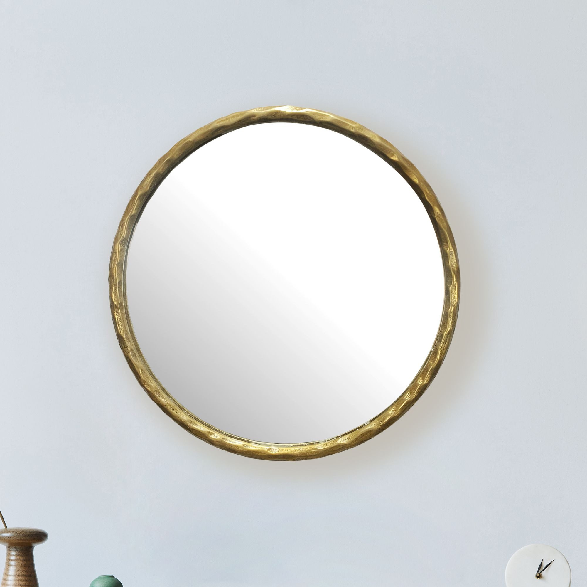 FINEBUY Wandspiegel Flurspiegel Rund Metall 60 cm Spiegel Flur Hängespiegel FB102859 (Dekospiegel Wand Gold mit Rahmen, Rund 60 cm), Flurspiegel Garderobenspiegel, Hängespiegel Modern