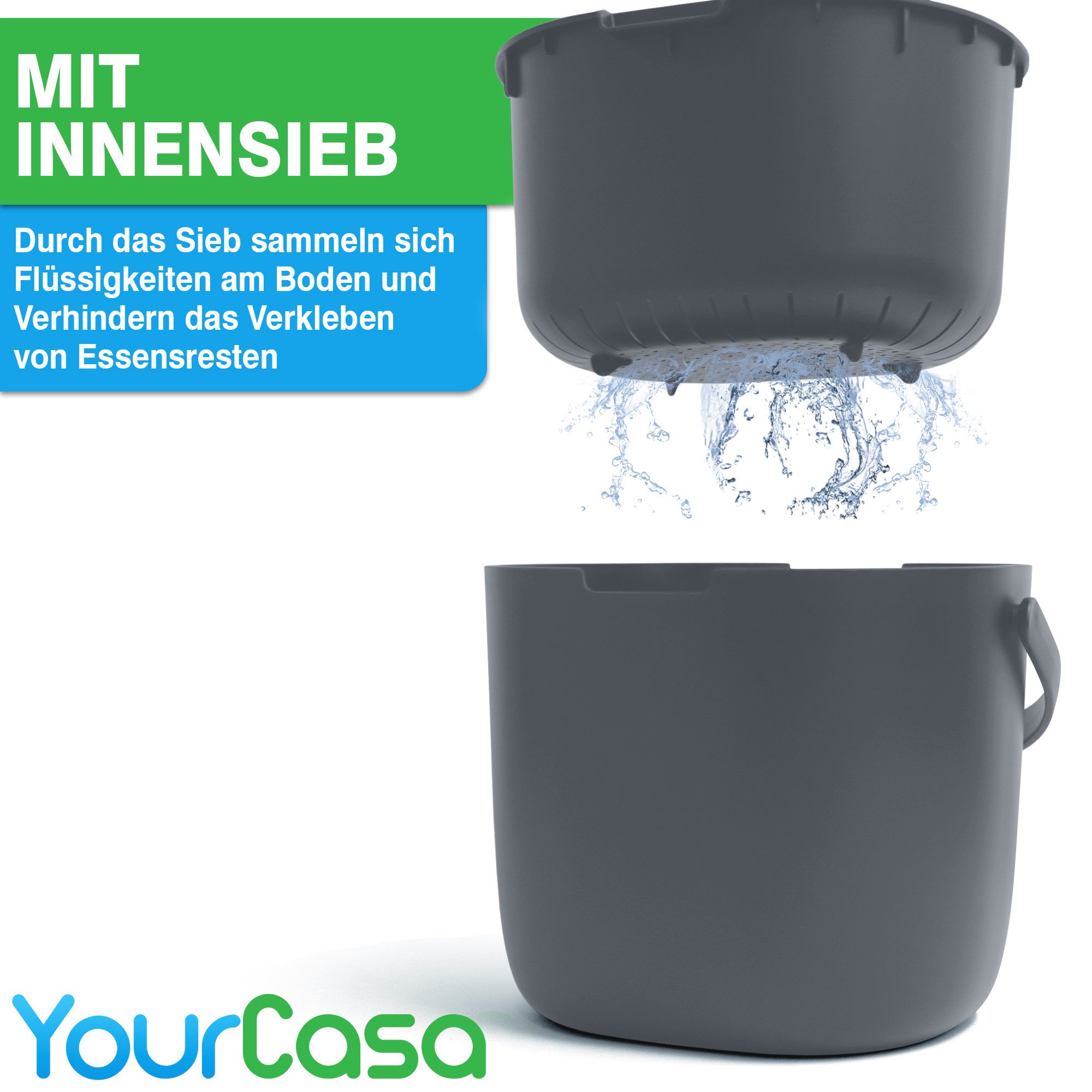 YourCasa Biomülleimer Küche 6L für alltäglichen Biomüll Spülmaschinenfest mit Sieb, Spülmaschinenfest, 6L Fassungsvermögen