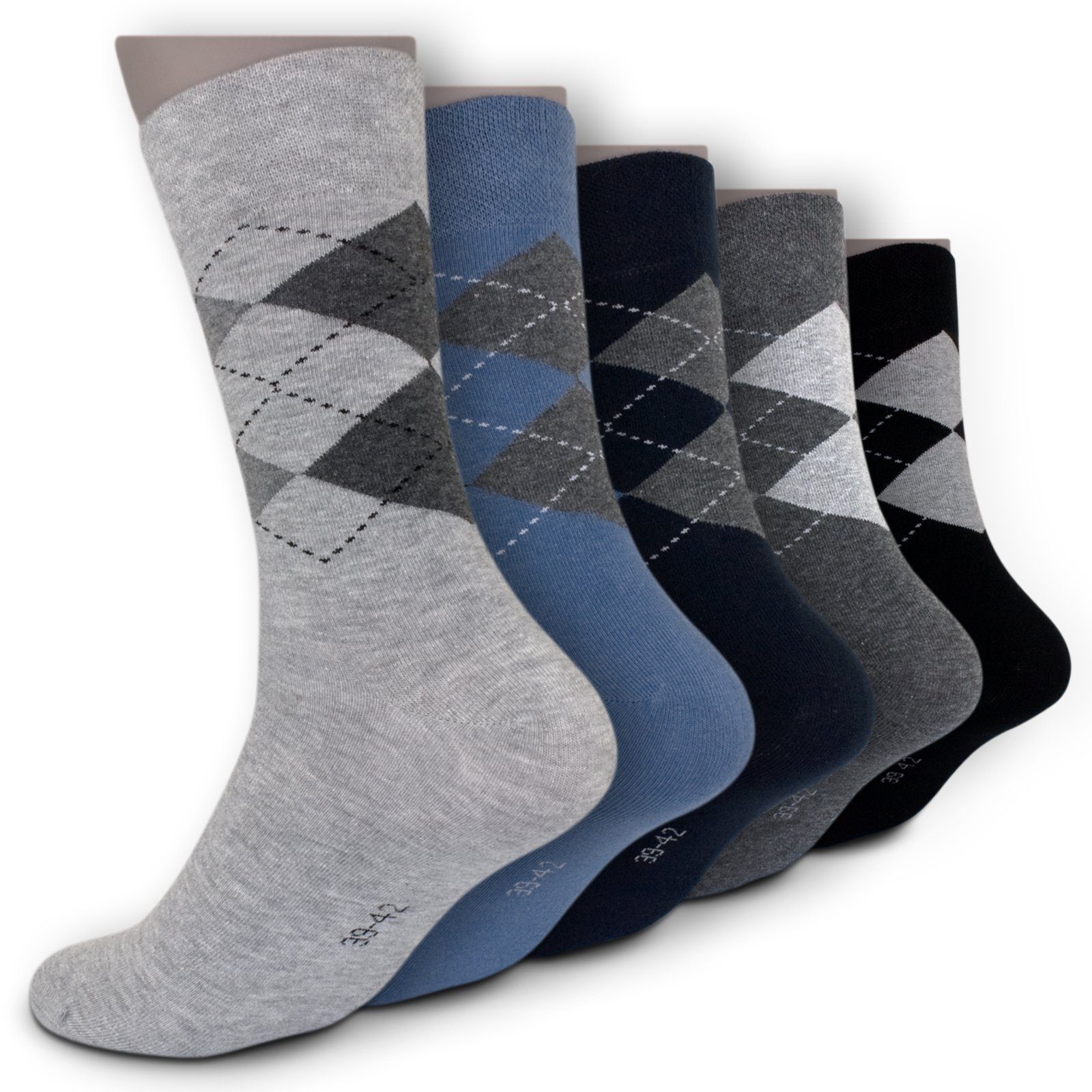 Die Sockenbude Freizeitsocken JACQUARD (Bund, blau) Komfortbund ohne grau Gummi mit 5-Paar, schwarz