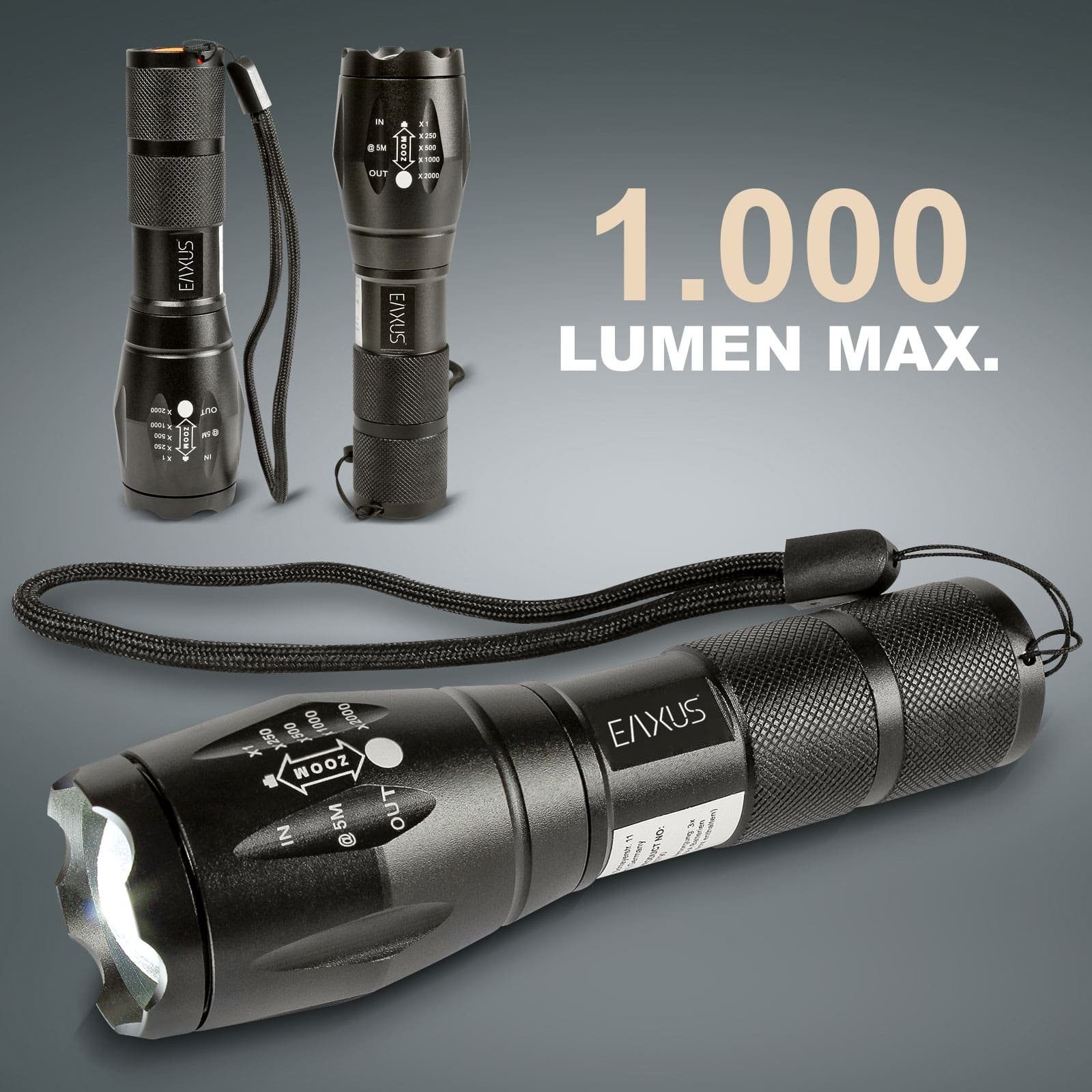 EAXUS LED Taschenlampe Taktische Taschenlampe Zoombar (1-St), 5 Leuchtmodi, SOS-Modus, Aluminium-Gehäuse, 1000 Lumen