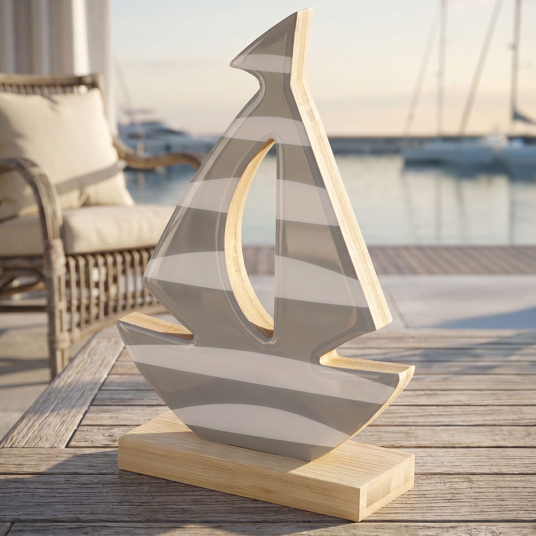 Levandeo® Dekoobjekt, Boot Deko Aufsteller 14x21cm Segelboot Grau Weiß Bambus Holz