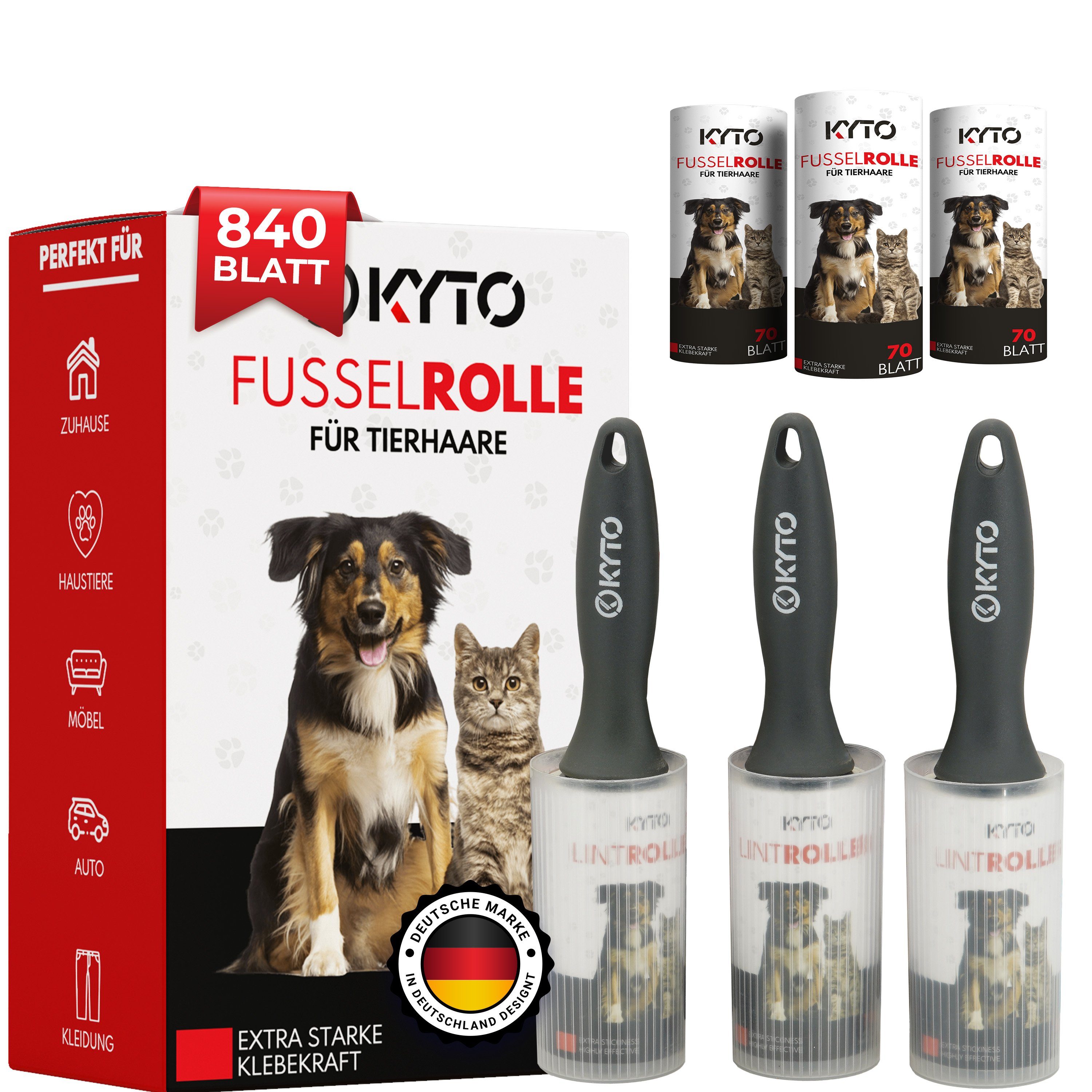 Kyto Fusselbürste Kyto Fusselrolle 12 Stück + Griffe, 70 Kleber pro Rolle