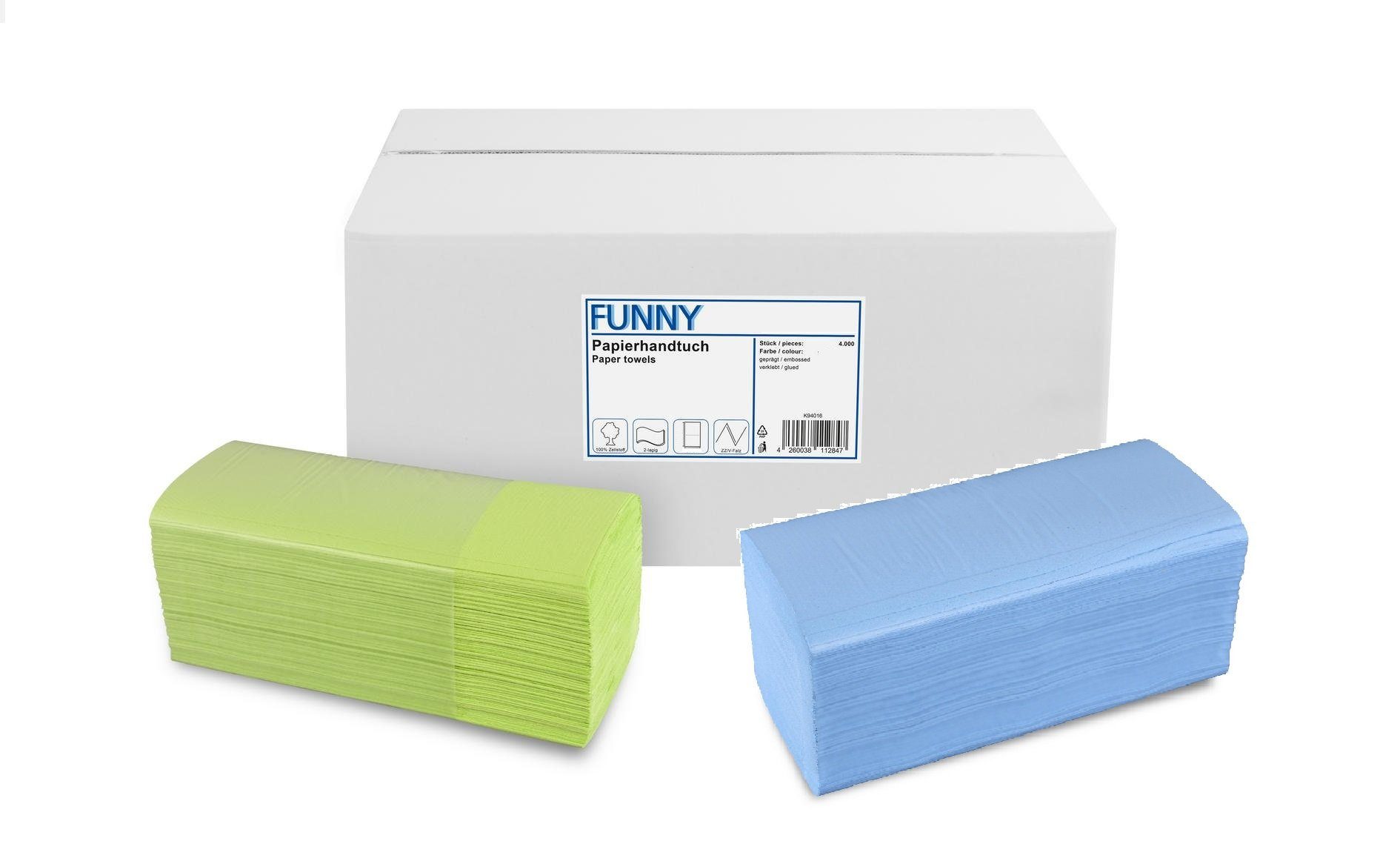 Funny Papierhandtuch farbig, Zellstoff, 2-lagig, 4000 Blatt, praktischer ZZ/V-Falz für Spender in Medizin, Gastronomie und Studios