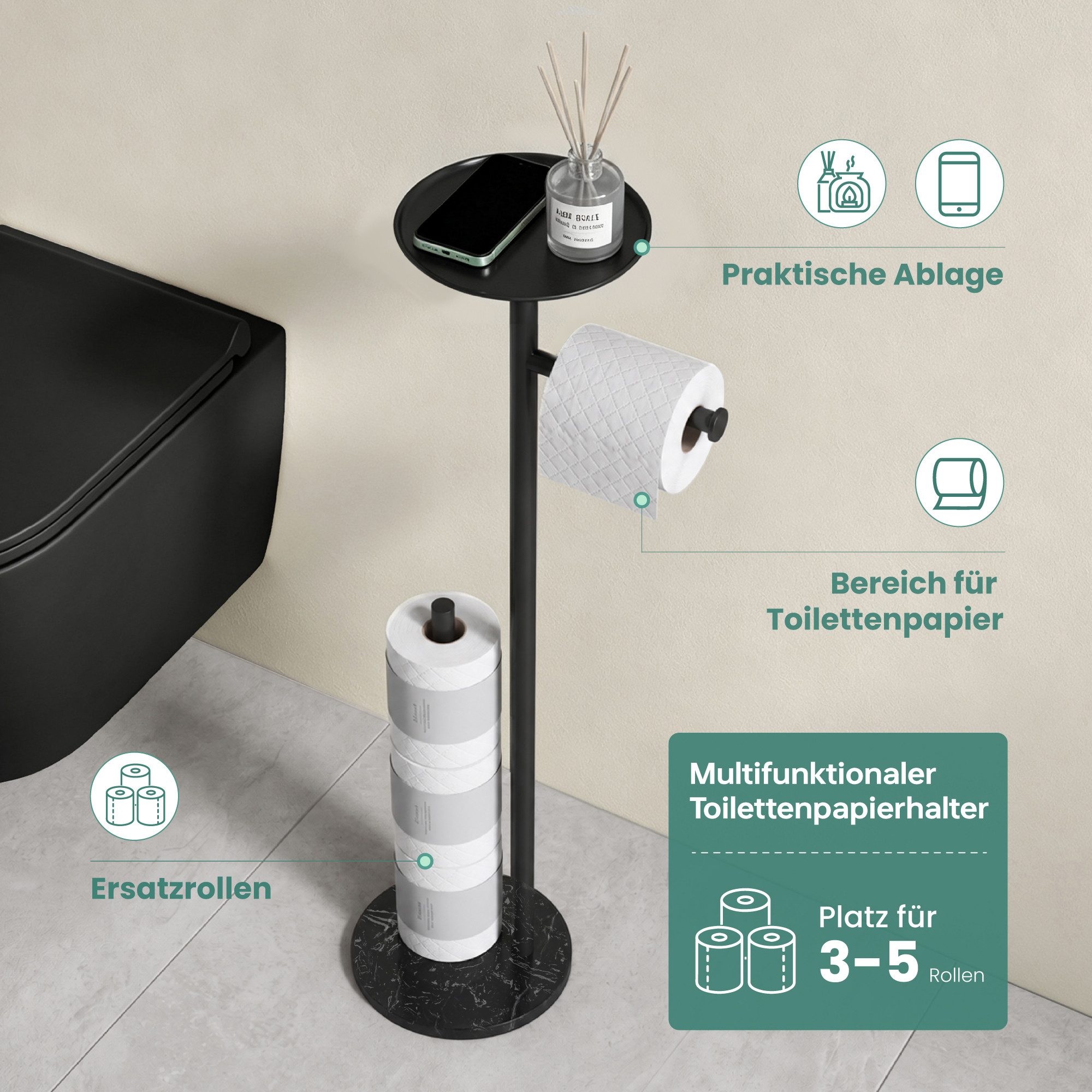 Mai & Mai Toilettenpapierhalter Klopapierhalter stehend mit Ablage aus Edelstahl ohne Bohren Lino-06, Toilettenpapier Aufbewahrung für 4 Rolle,Klorollenhalter f – Bild 2 von 5