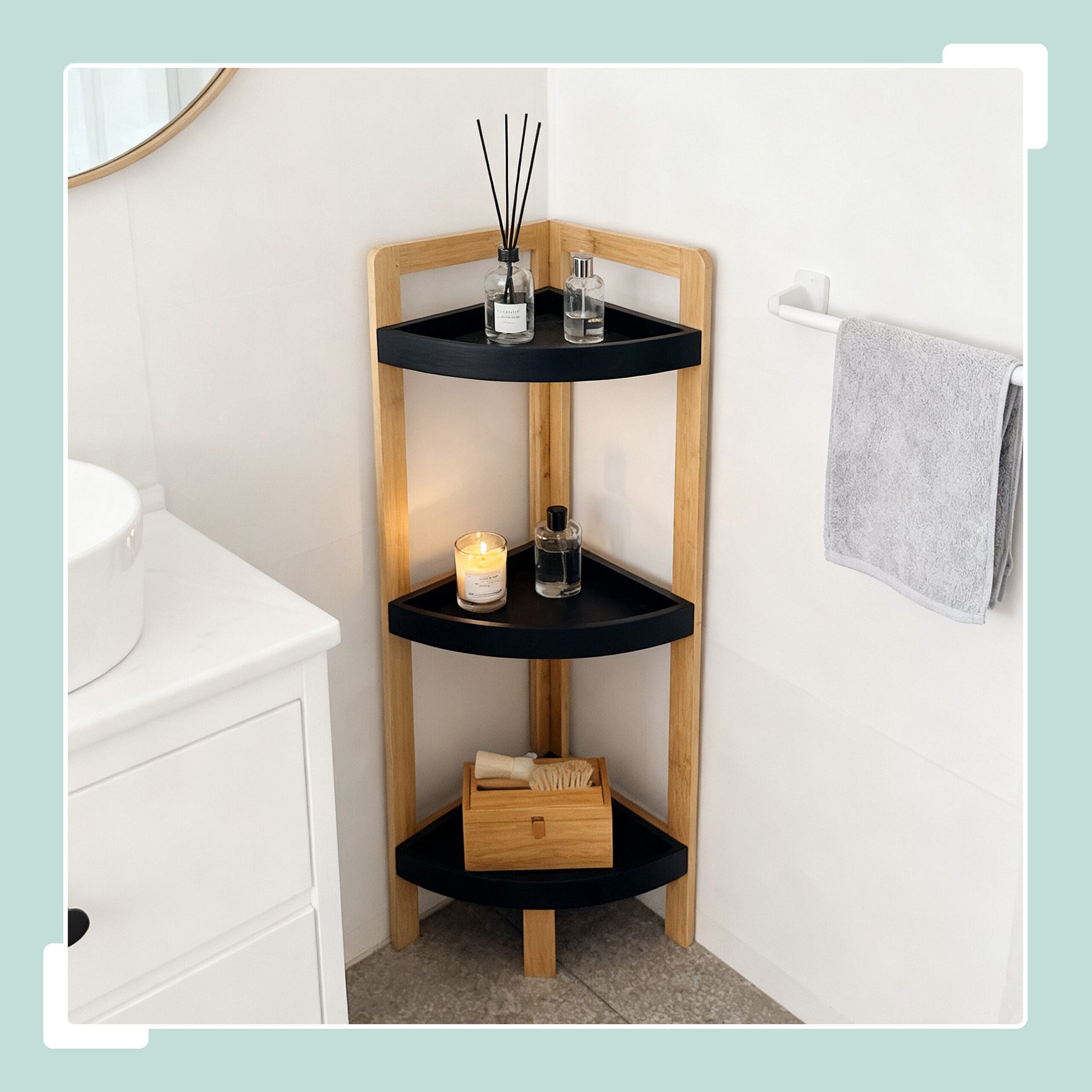 relaxdays Eckregal Bambus Eckregal mit Ablagen, Natur-Schwarz günstig online kaufen