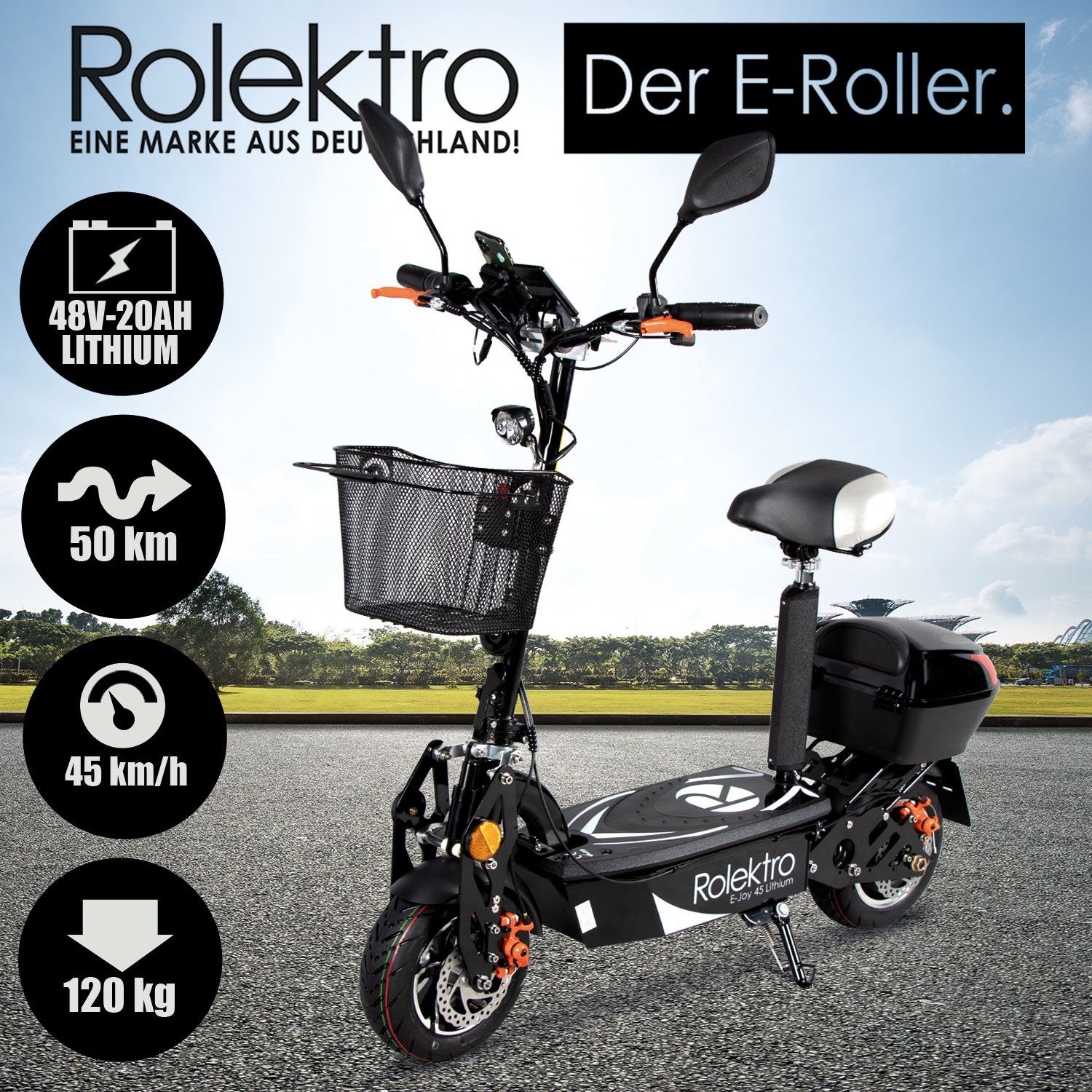 Rolektro E-Motor Scooter Rolektro E-Joy 45 Lithium, 1000 W, 45 km/h, up to 50 km range, with USB port