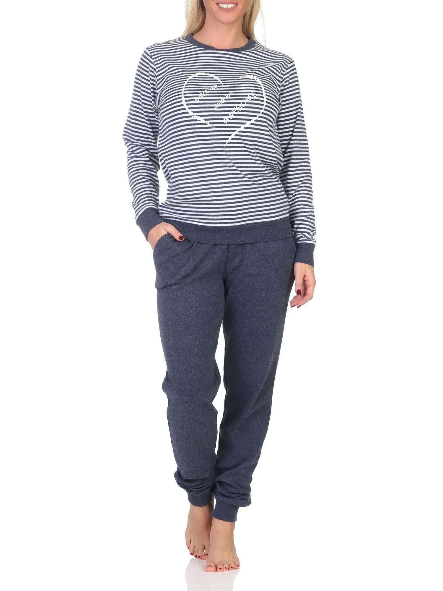 Pyjama Kuscheliger Damen Schlafanzug lang mit Bündchen und Herz Motiv