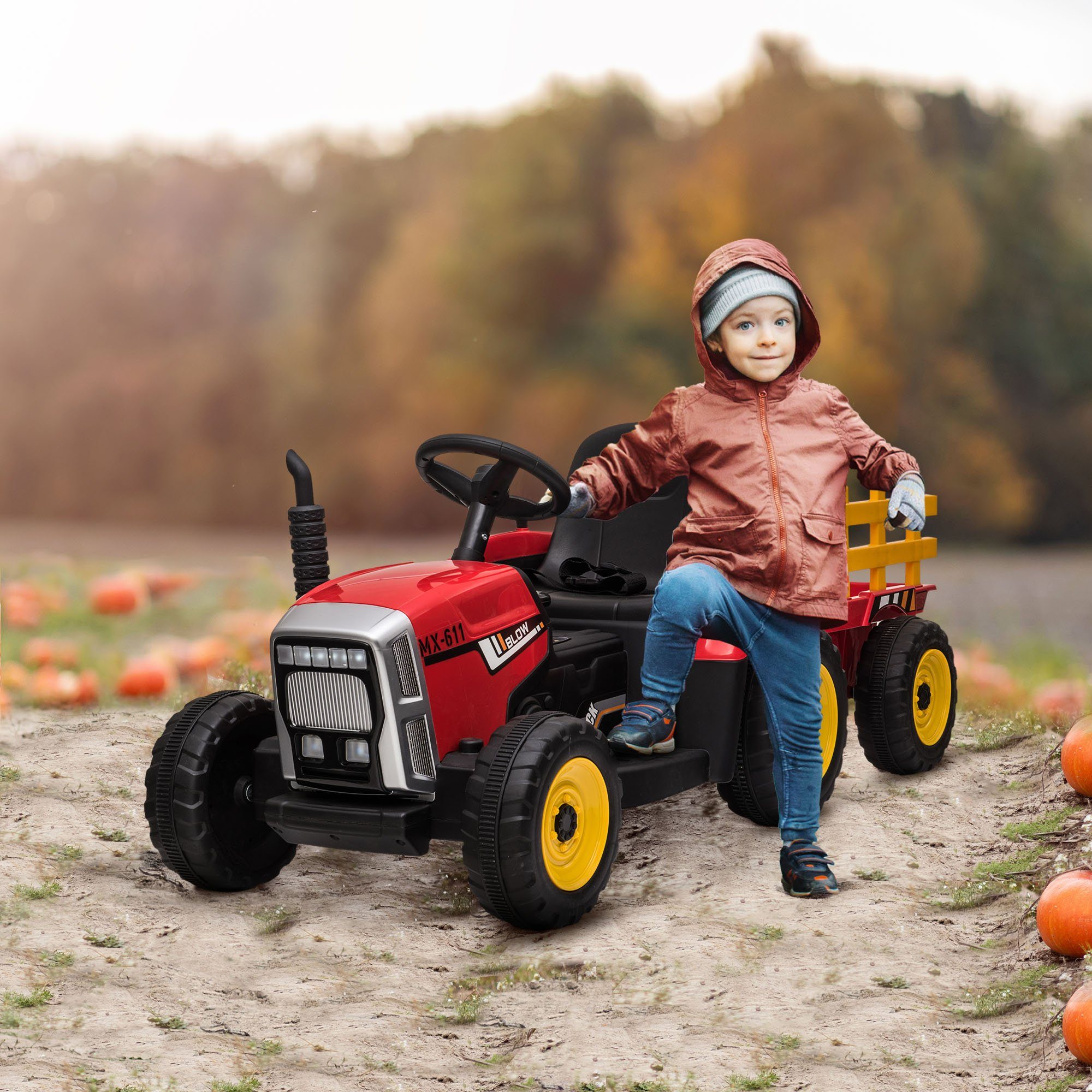 HOMCOM Elektro-Kinderauto Elektrischer Traktor, mit Anhänger, mit Fernbedienung, Belastbarkeit 30 kg, (2-tlg), für 3-6 Jahre Kinder, Rot
