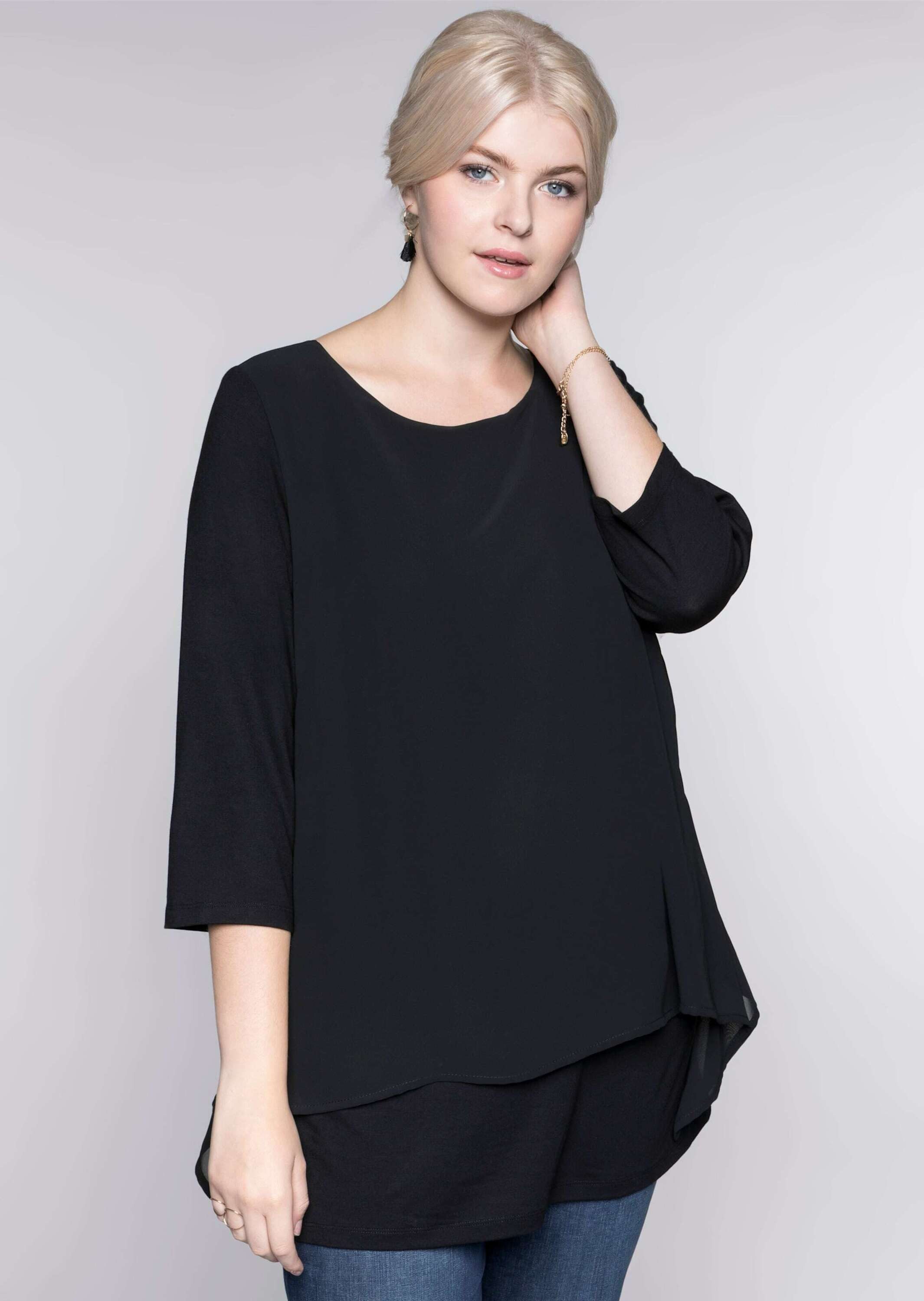 Sheego T-Shirt Blusenshirt 3/4-Arm in leichter A-Linie mit Zipfelsaum